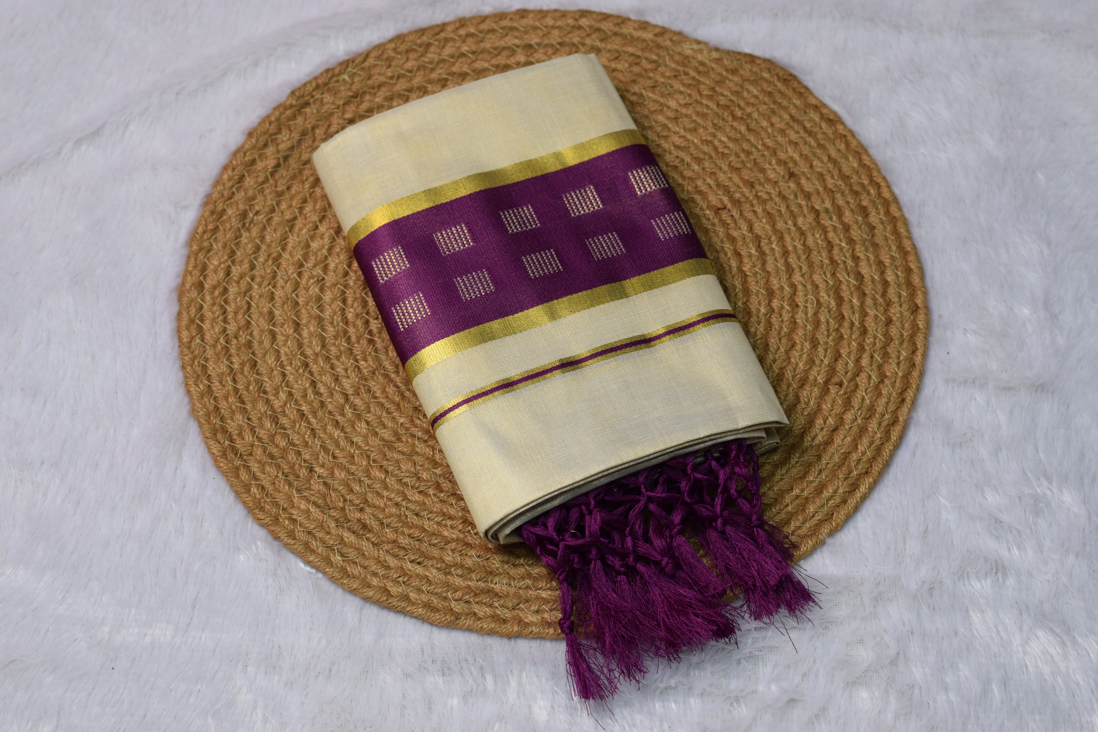 Kerala Kasavu Set Mundu with Purple & Gold Border - View 3 - Nushio
