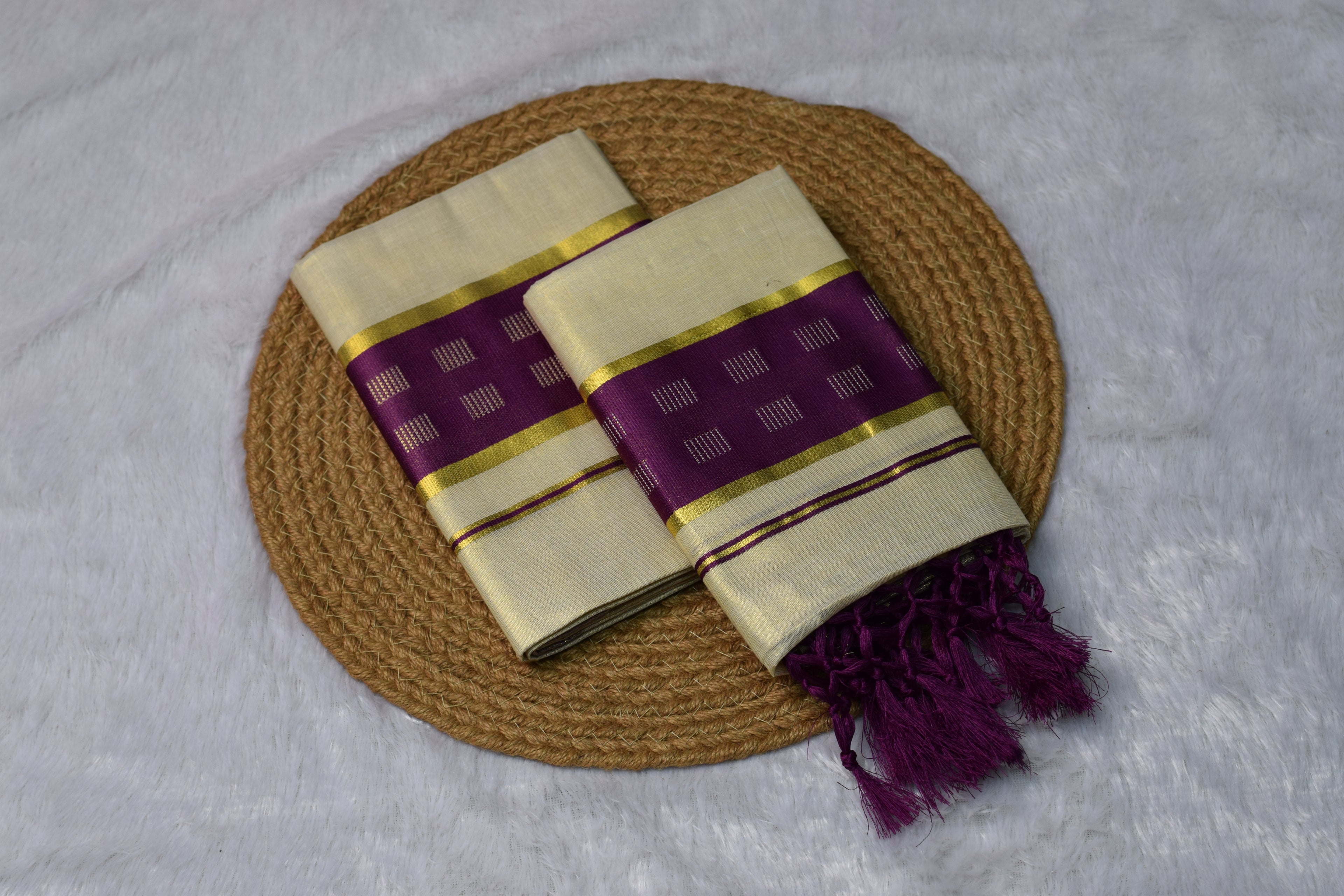 Kerala Kasavu Set Mundu with Purple & Gold Border