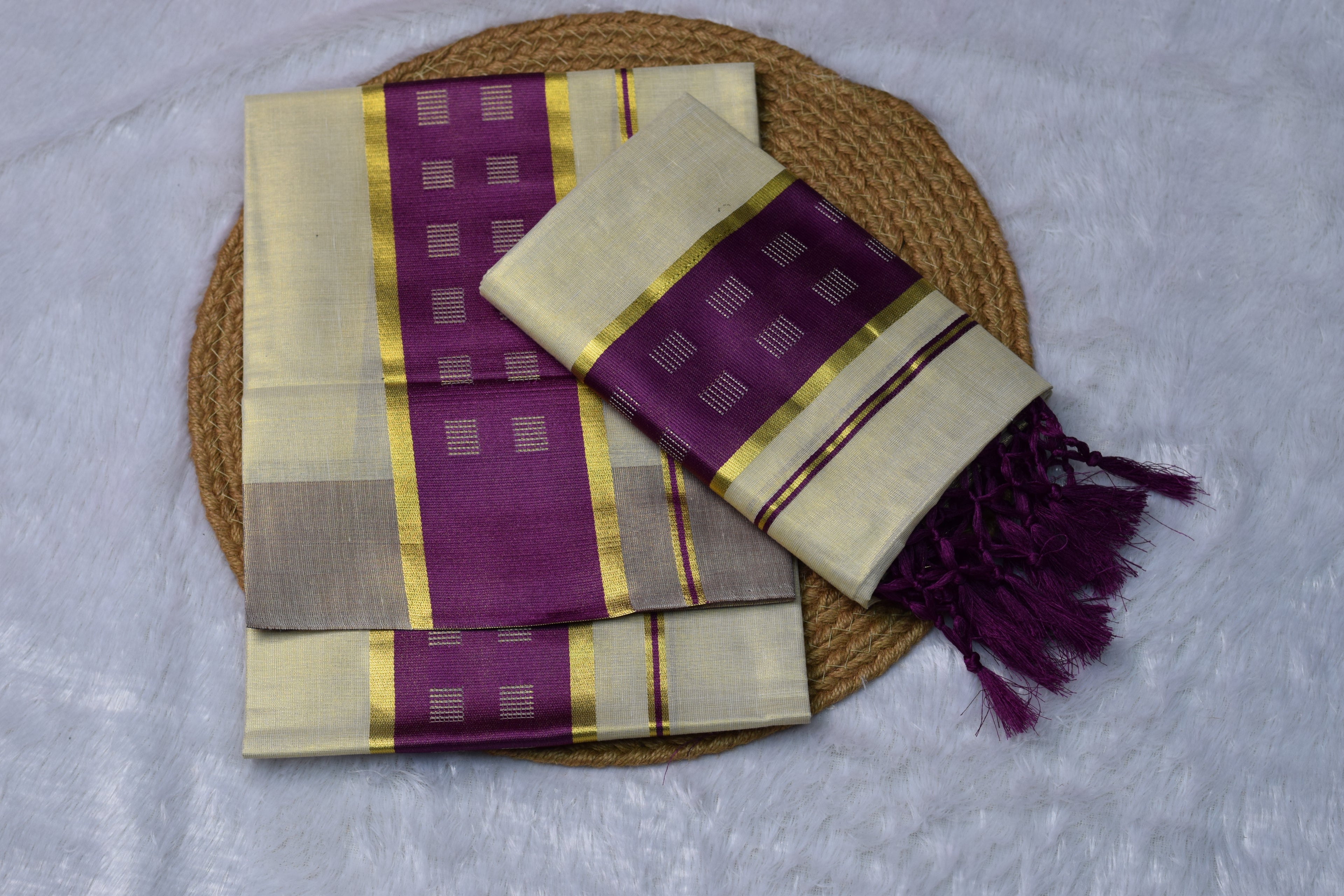 Kerala Kasavu Set Mundu with Purple & Gold Border - Main Product Image - Nushio