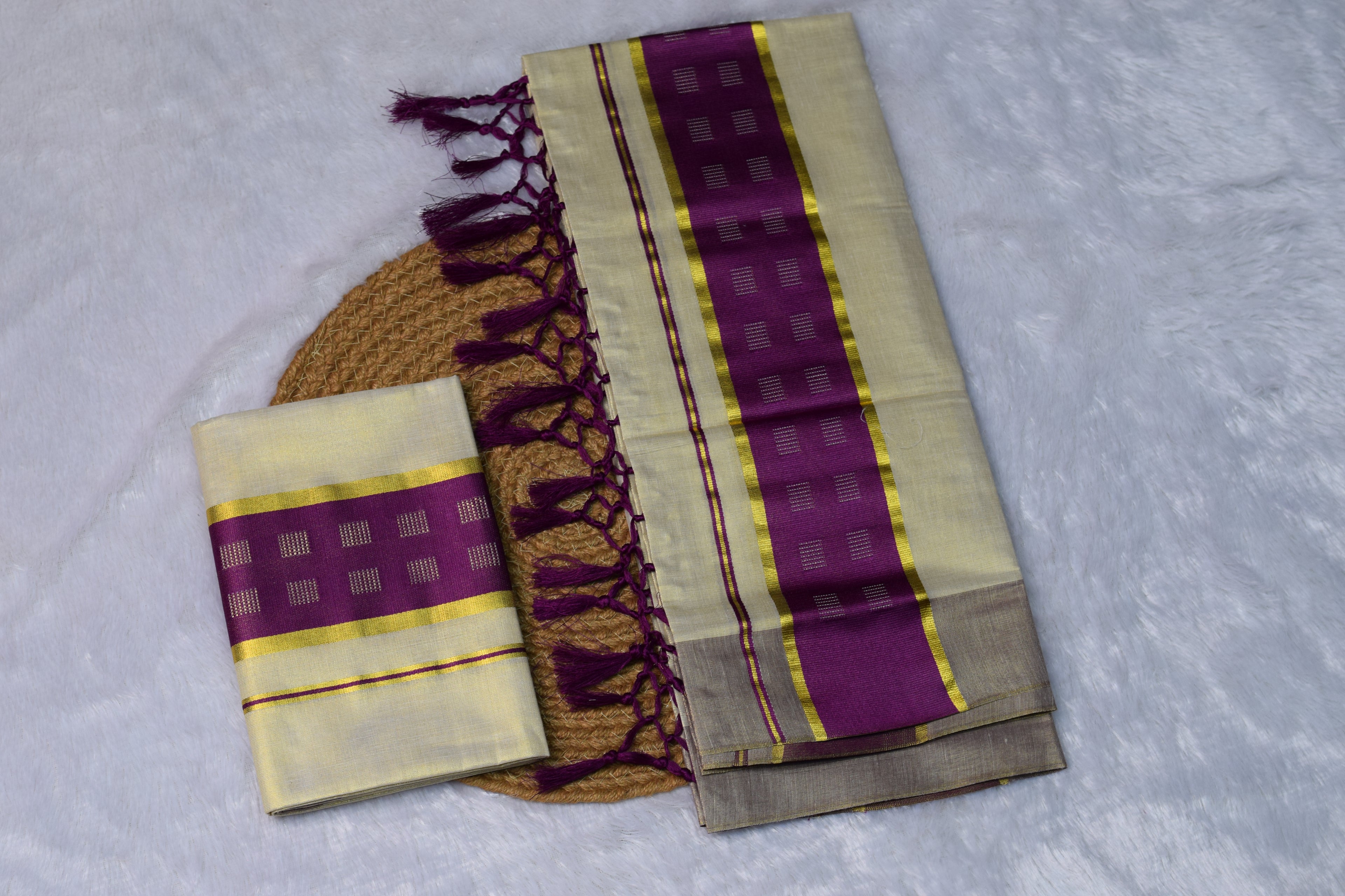 Kerala Kasavu Set Mundu with Purple & Gold Border - View 2 - Nushio
