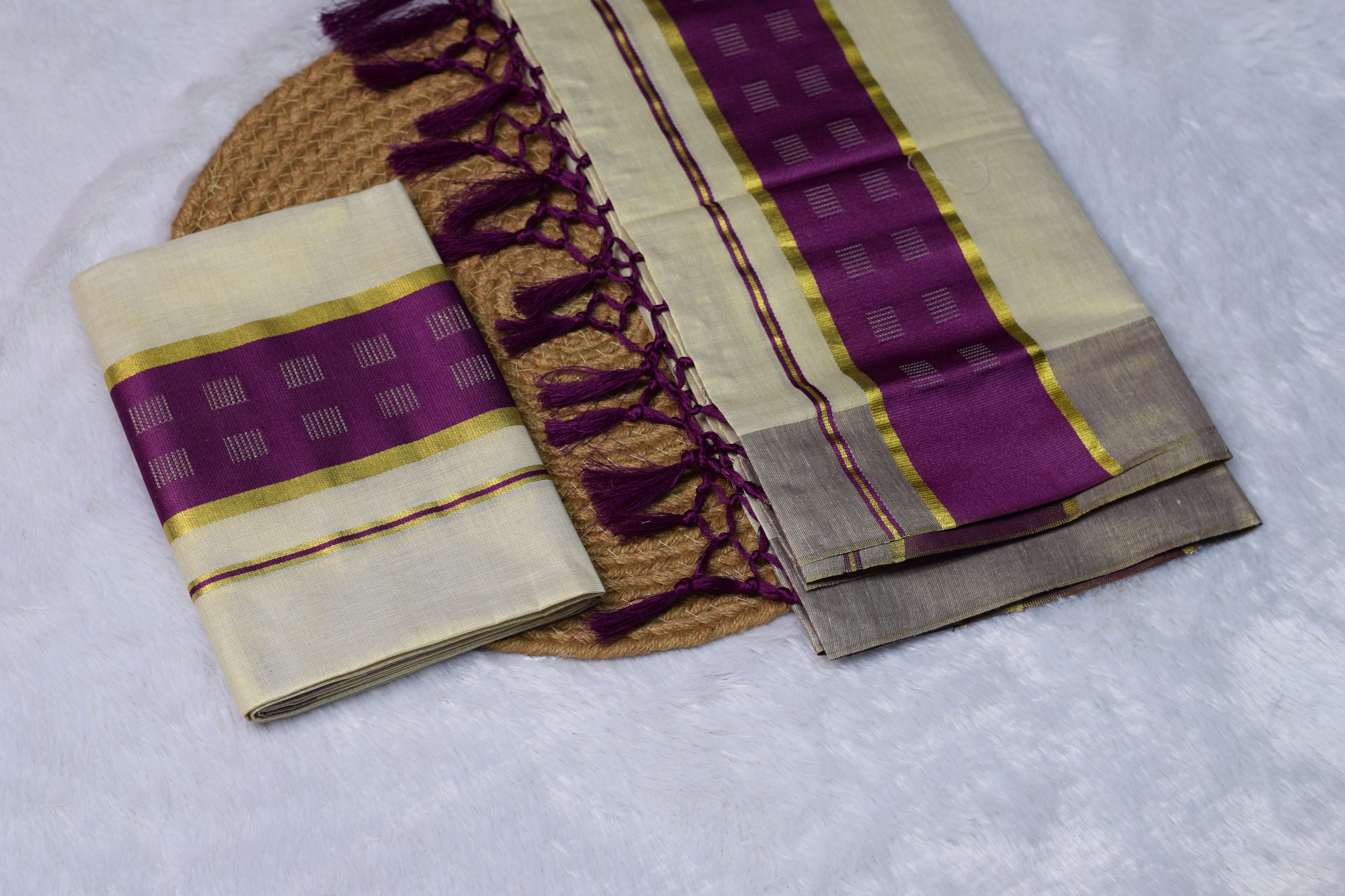 Kerala Kasavu Set Mundu with Purple & Gold Border