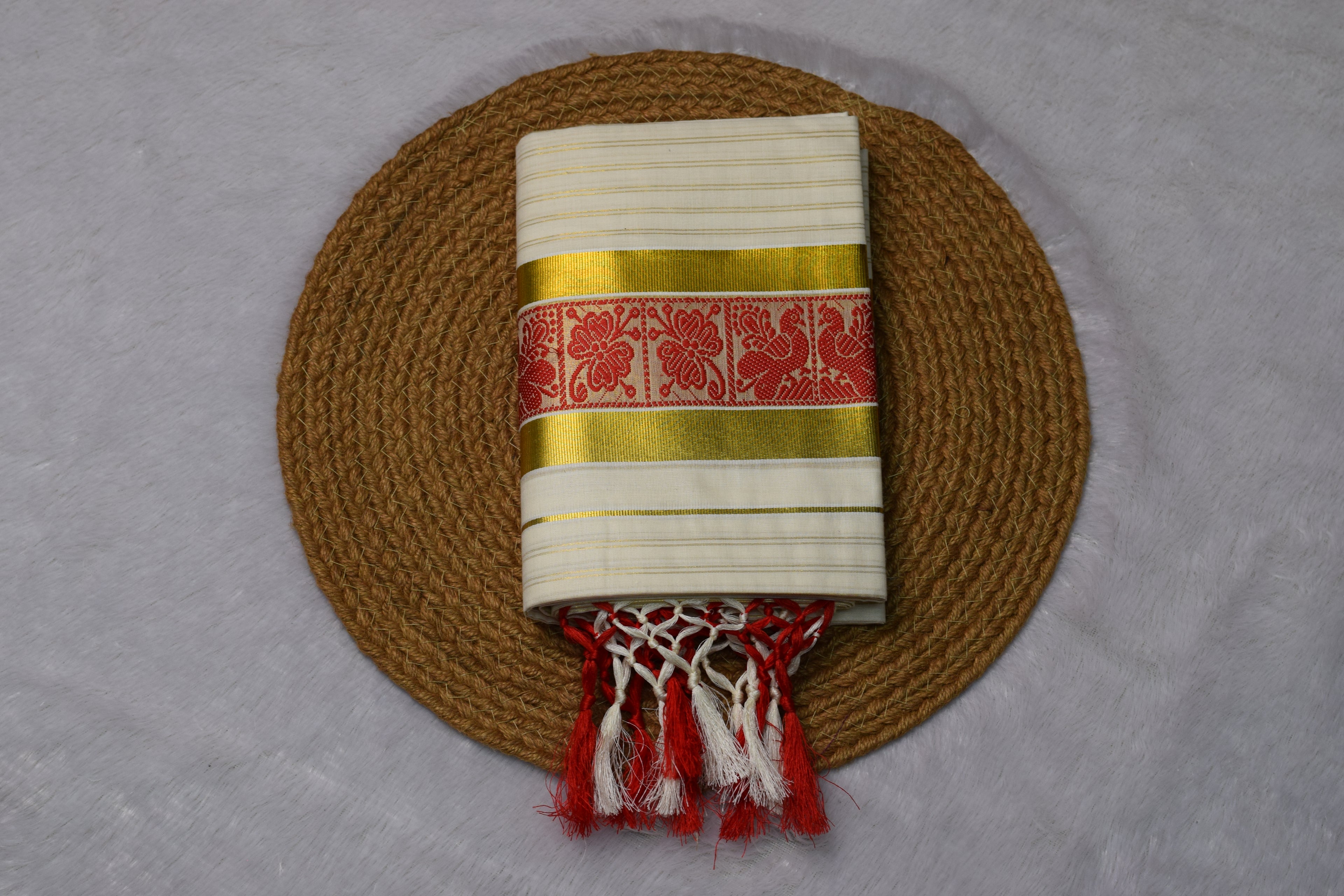 Kerala Kasavu Set Mundu with Red Floral Jacquard Border & Golden Zari