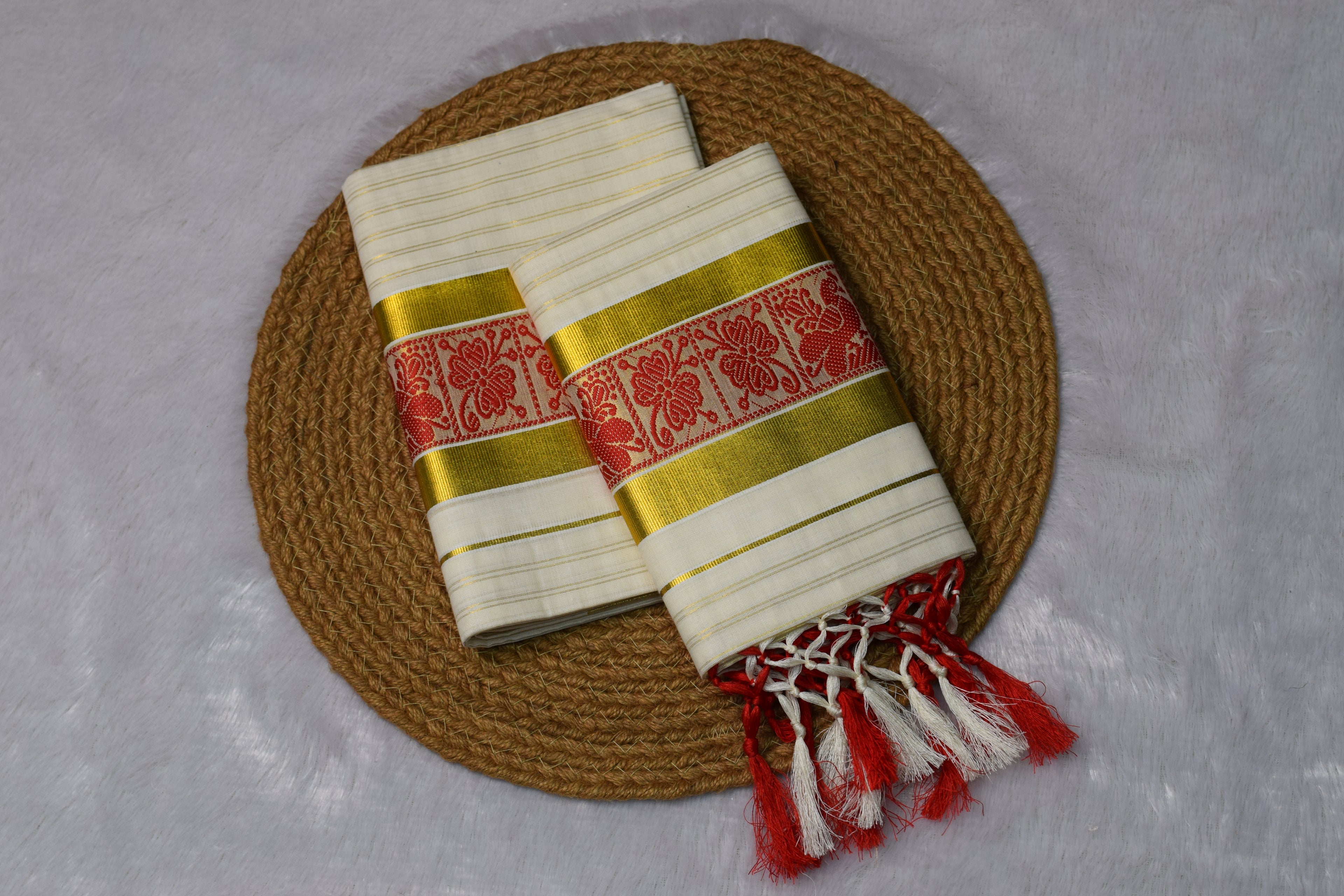 Kerala Kasavu Set Mundu with Red Floral Jacquard Border & Golden Zari - View 3 - Floral - Nushio