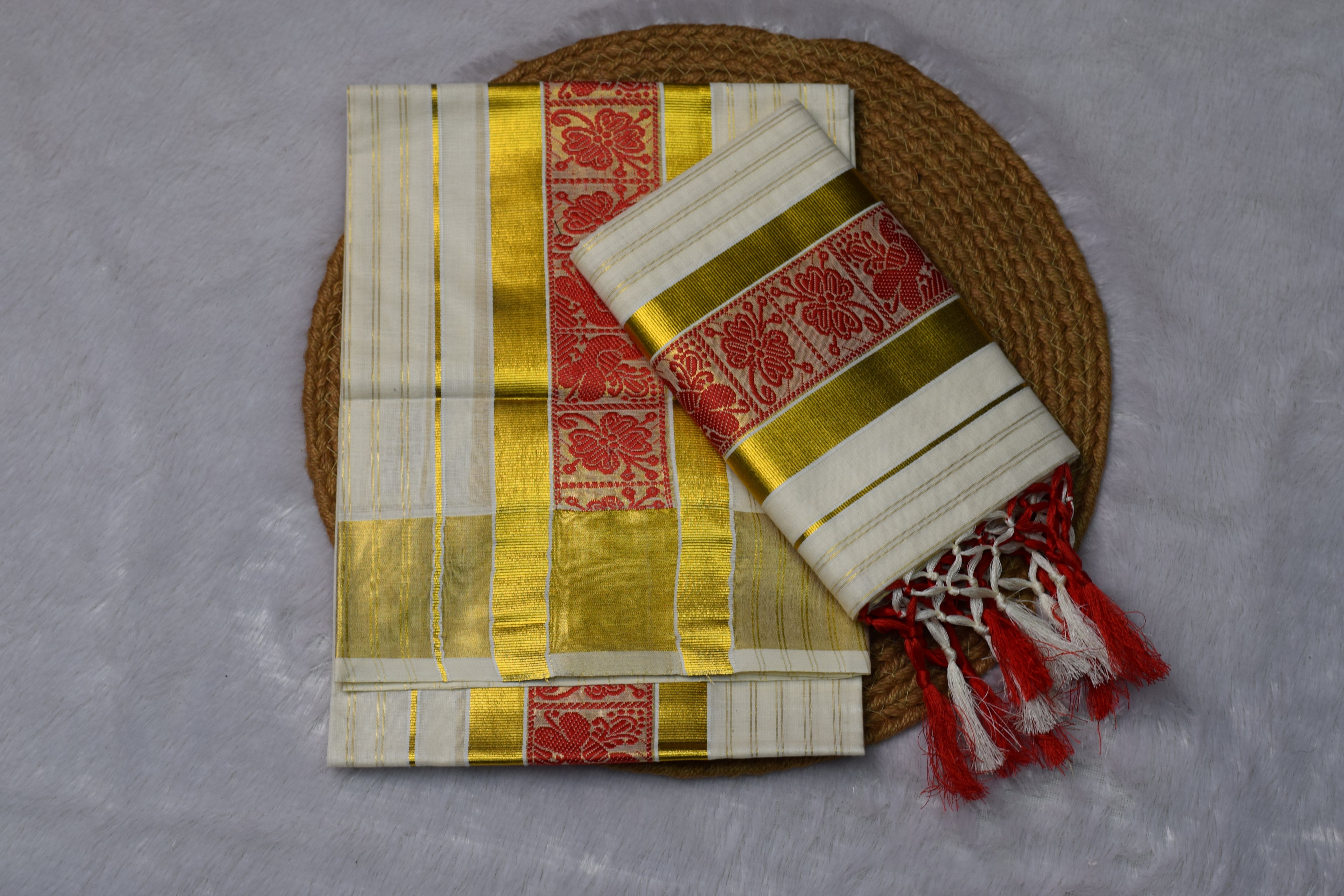 Kerala Kasavu Set Mundu with Red Floral Jacquard Border & Golden Zari