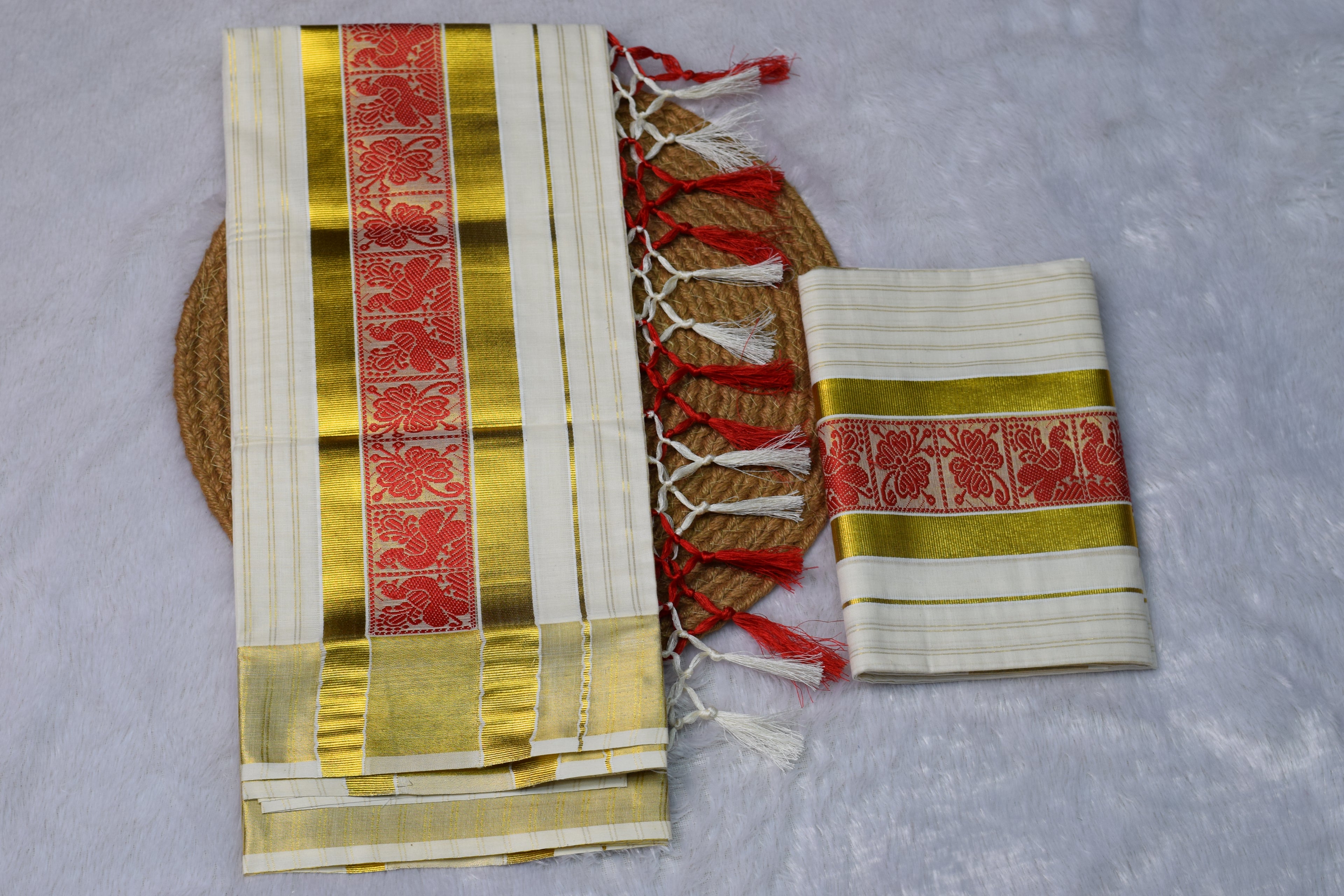 Kerala Kasavu Set Mundu with Red Floral Jacquard Border & Golden Zari - Main Product Image - Floral - Nushio