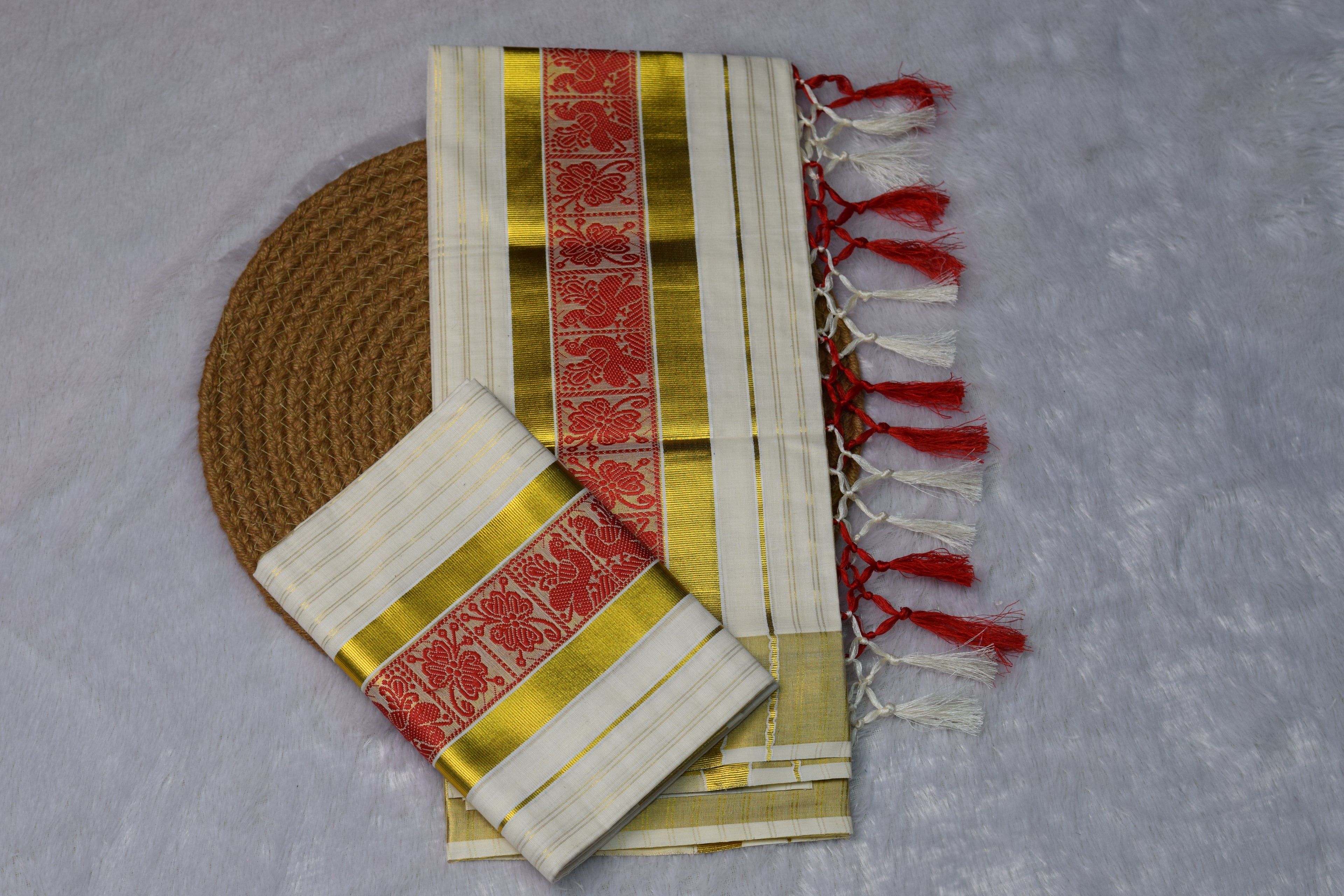 Kerala Kasavu Set Mundu with Red Floral Jacquard Border & Golden Zari - View 2 - Floral - Nushio