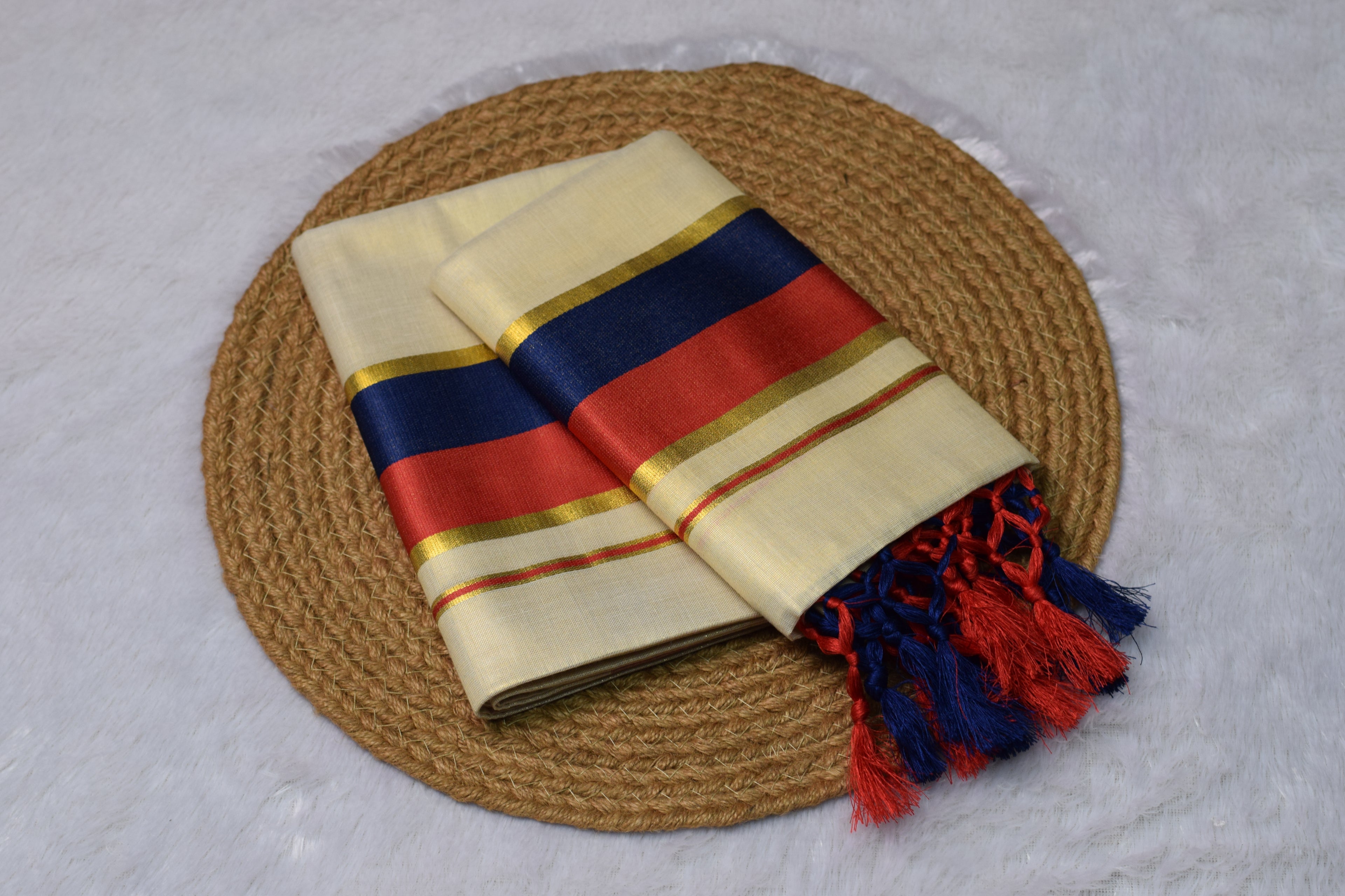 Kerala Kasavu Set Mundu with Red & Navy Blue Border and Tassels - Main Product Image - Nushio