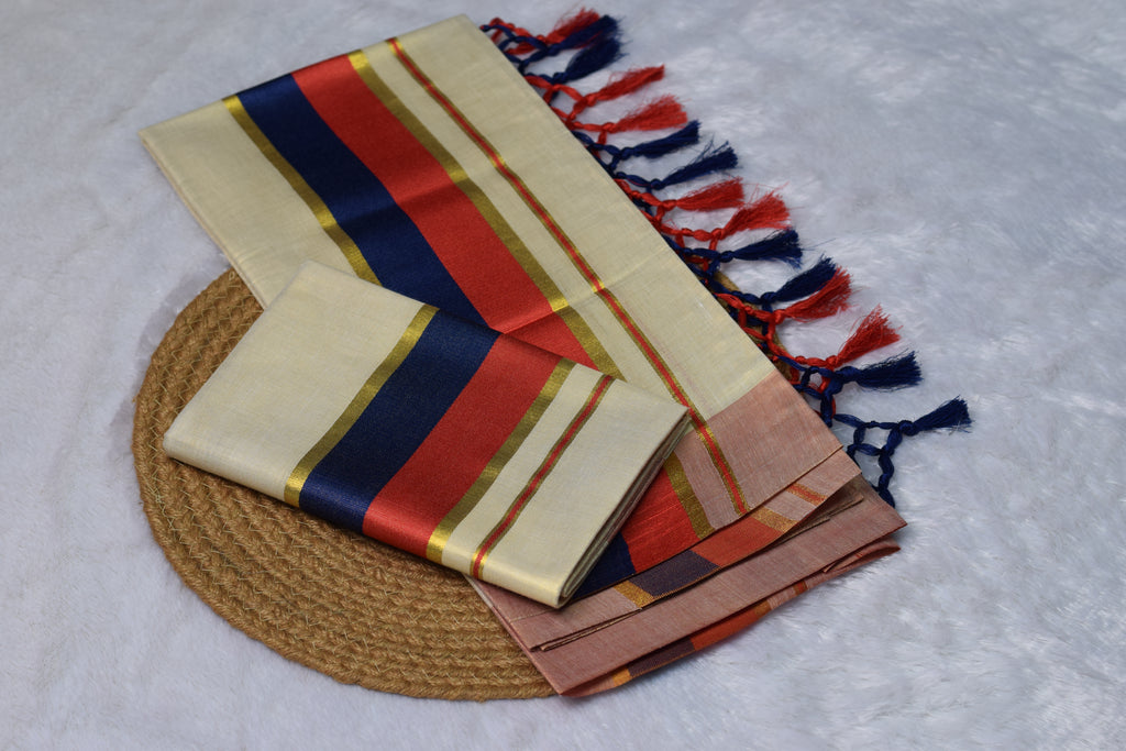 Kerala Kasavu Set Mundu with Red & Navy Blue Border and Tassels - View 2 - Nushio
