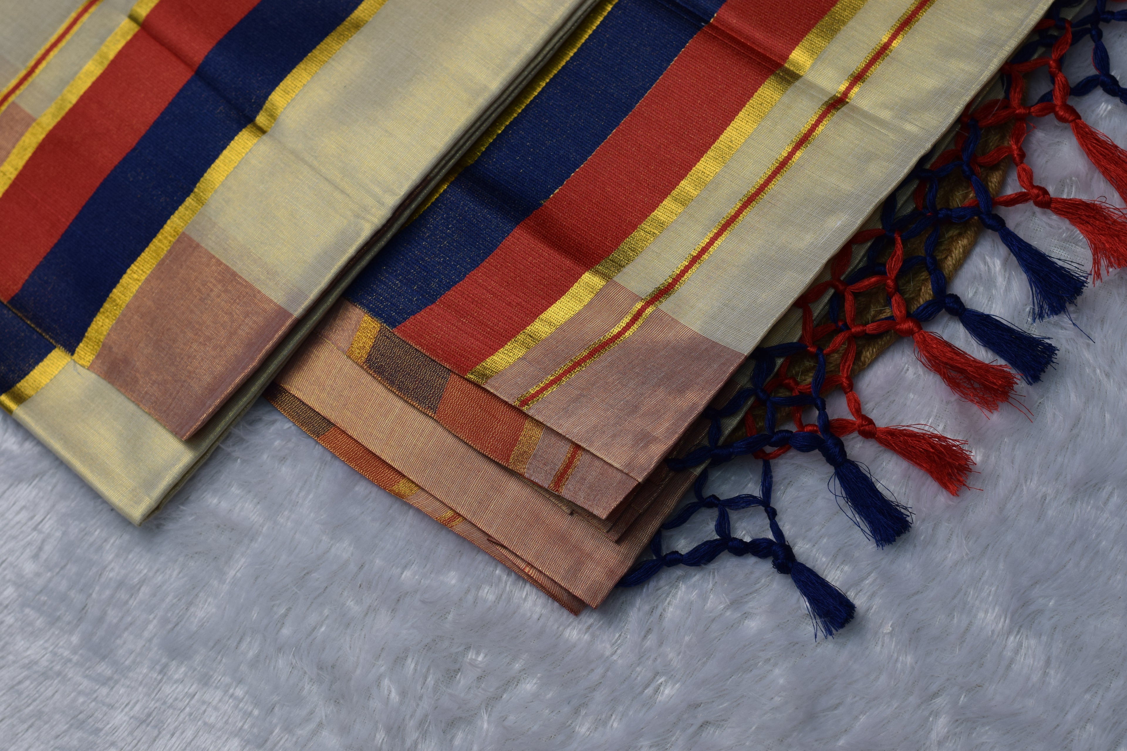 Kerala Kasavu Set Mundu with Red & Navy Blue Border and Tassels