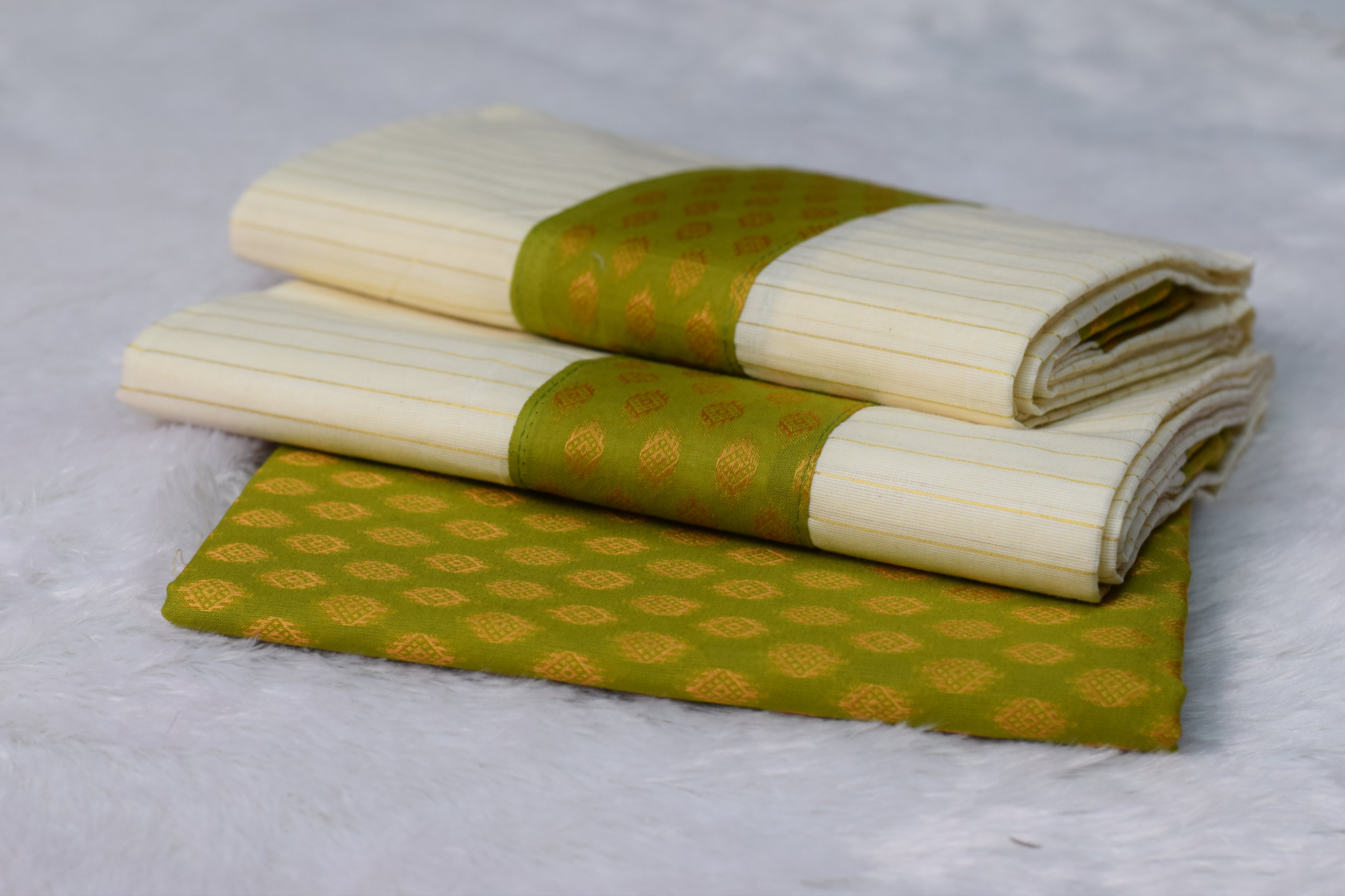 Kerala Kasavu Set Mundu with blouse- Green & Gold Jacquard Border - Main Product Image - Nushio
