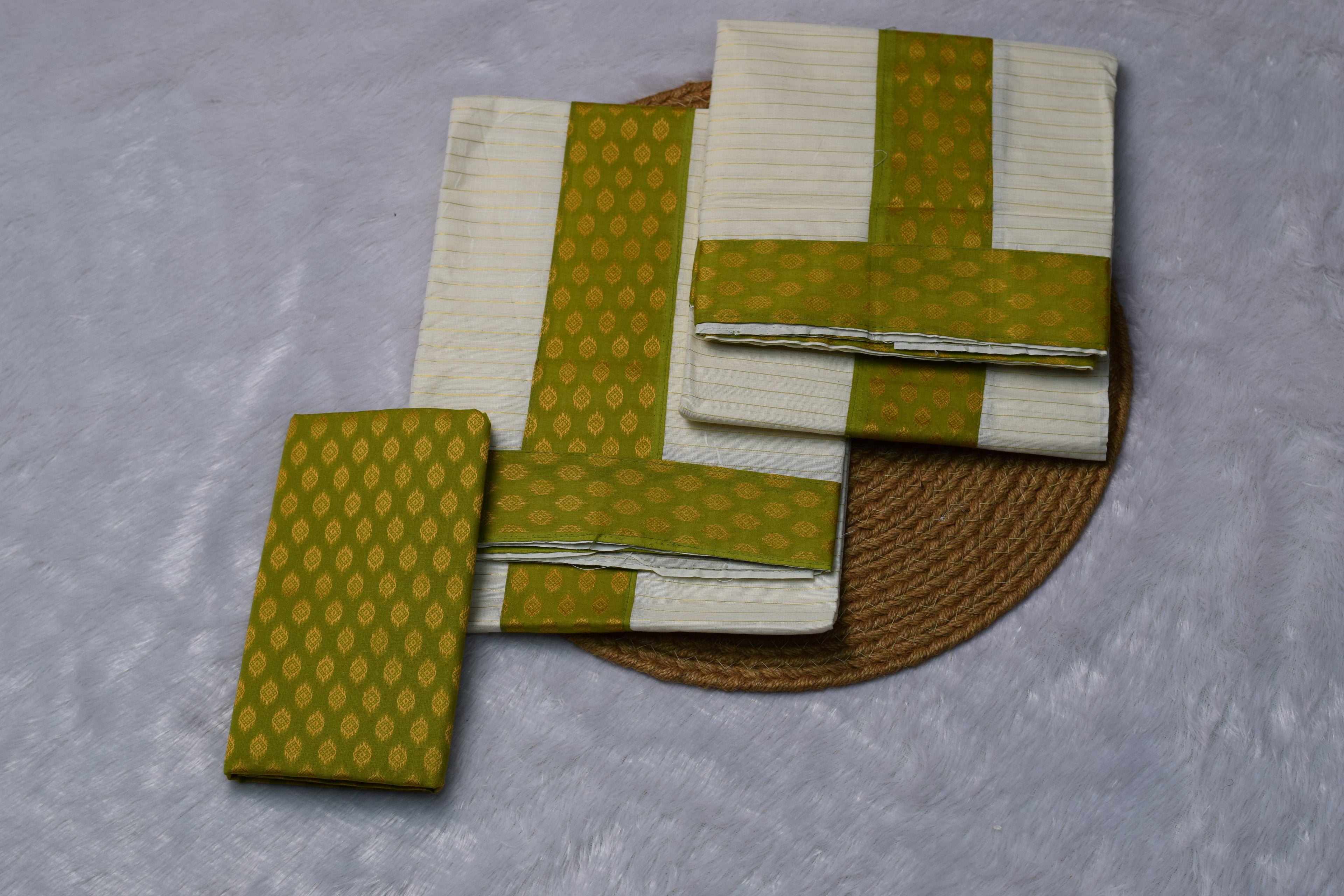 Kerala Kasavu Set Mundu with blouse- Green & Gold Jacquard Border