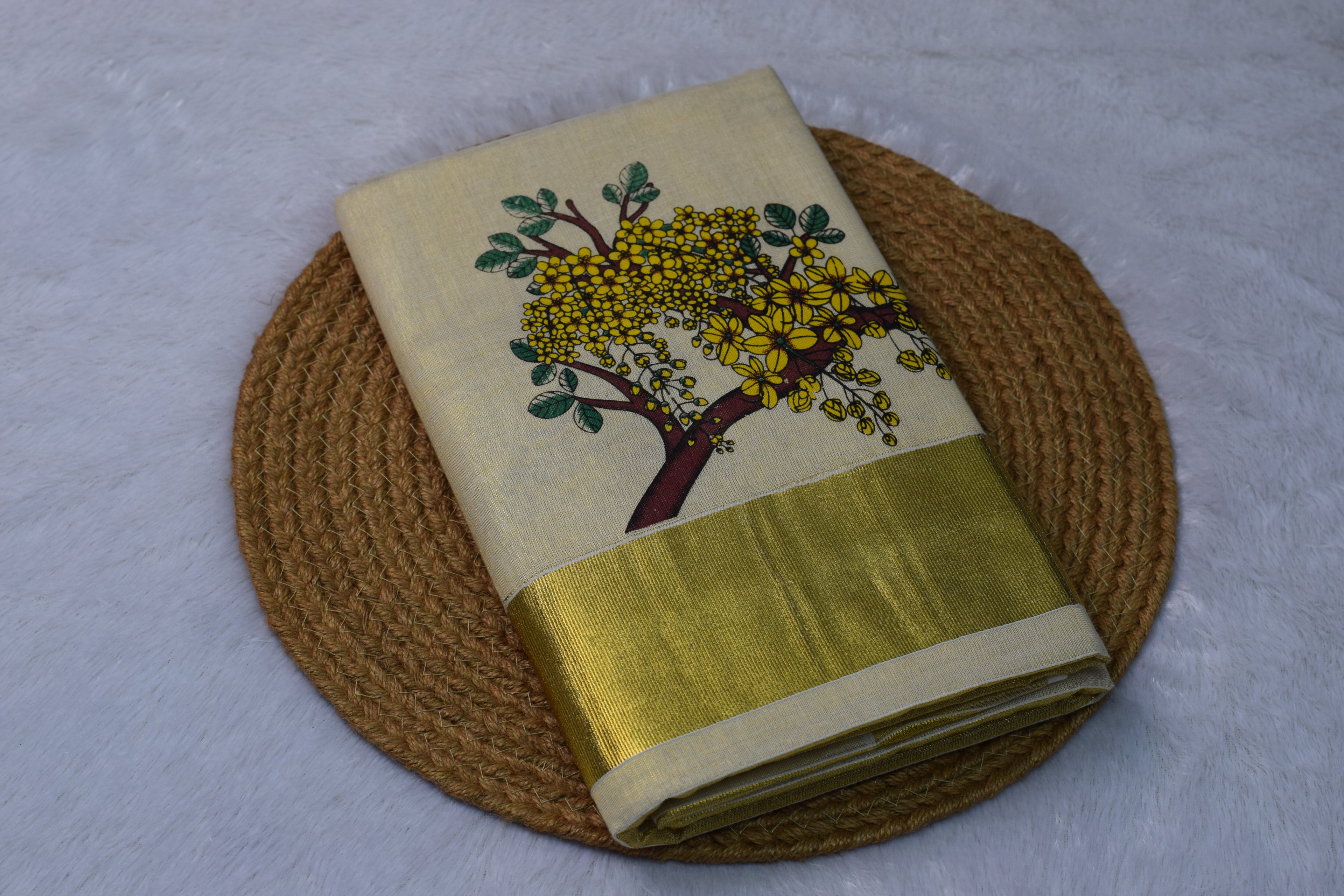 Kerala Kasavu Set Saree with Hand-Painted Kani Konna (Golden Shower) Print - Main Product Image - Nushio