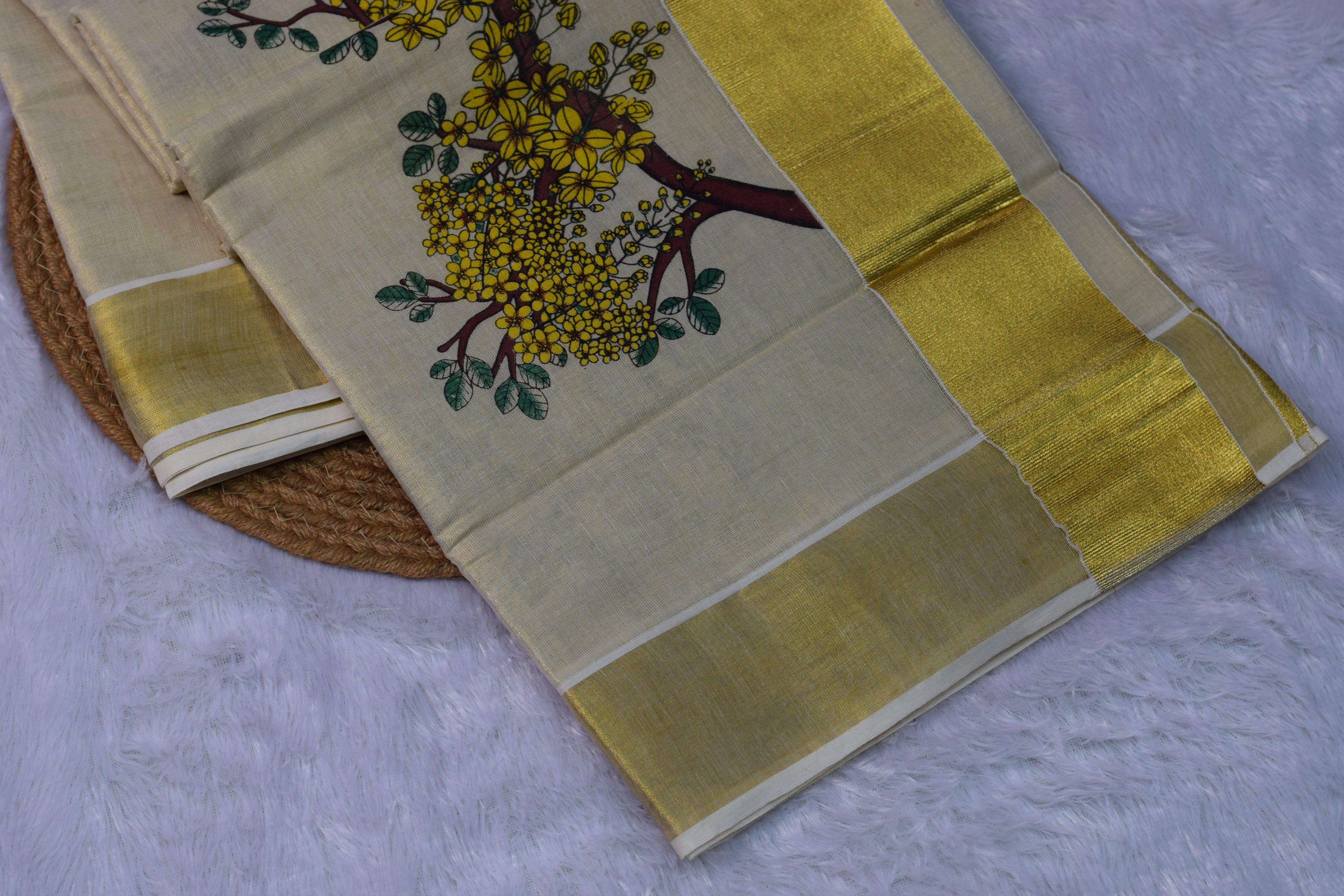 Kerala Kasavu Set Saree with Hand-Painted Kani Konna (Golden Shower) Print - View 2 - Nushio