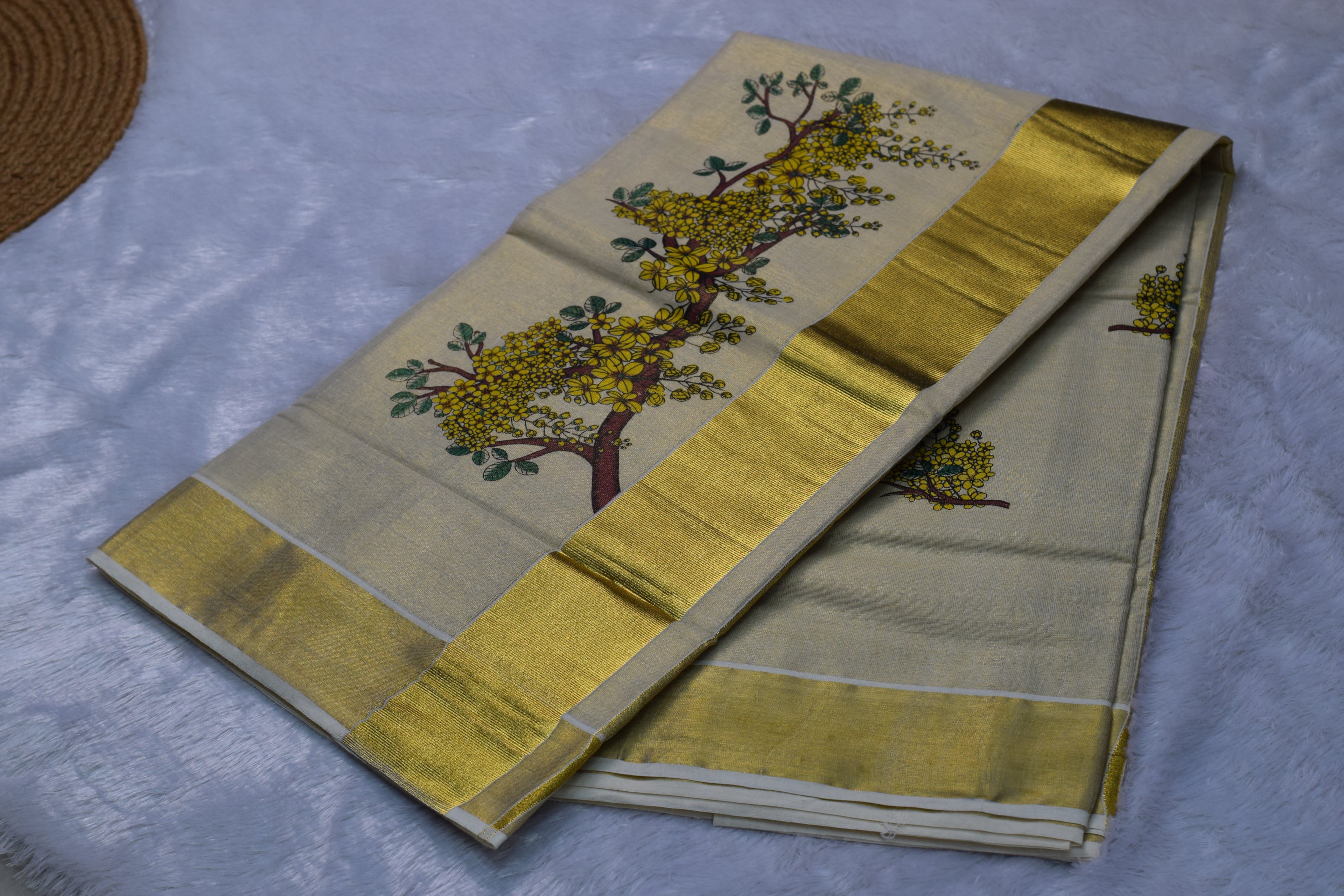 Kerala Kasavu Set Saree with Hand-Painted Kani Konna (Golden Shower) Print - Detail View - Nushio
