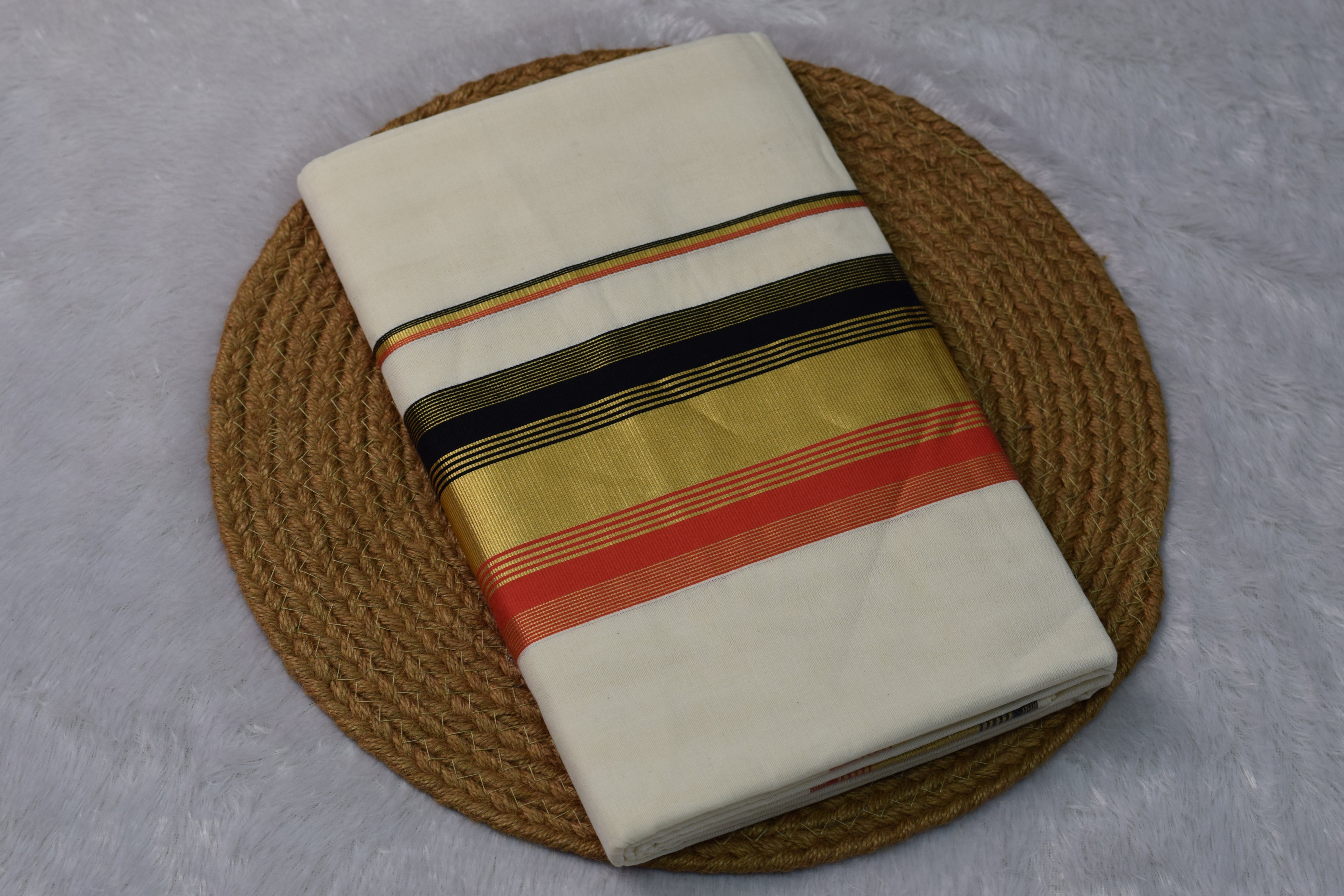 Kerala Traditional Cotton Set Saree - Off-White with Black, Gold & Red Kasavu Border - Main Product Image - Cotton - Nushio