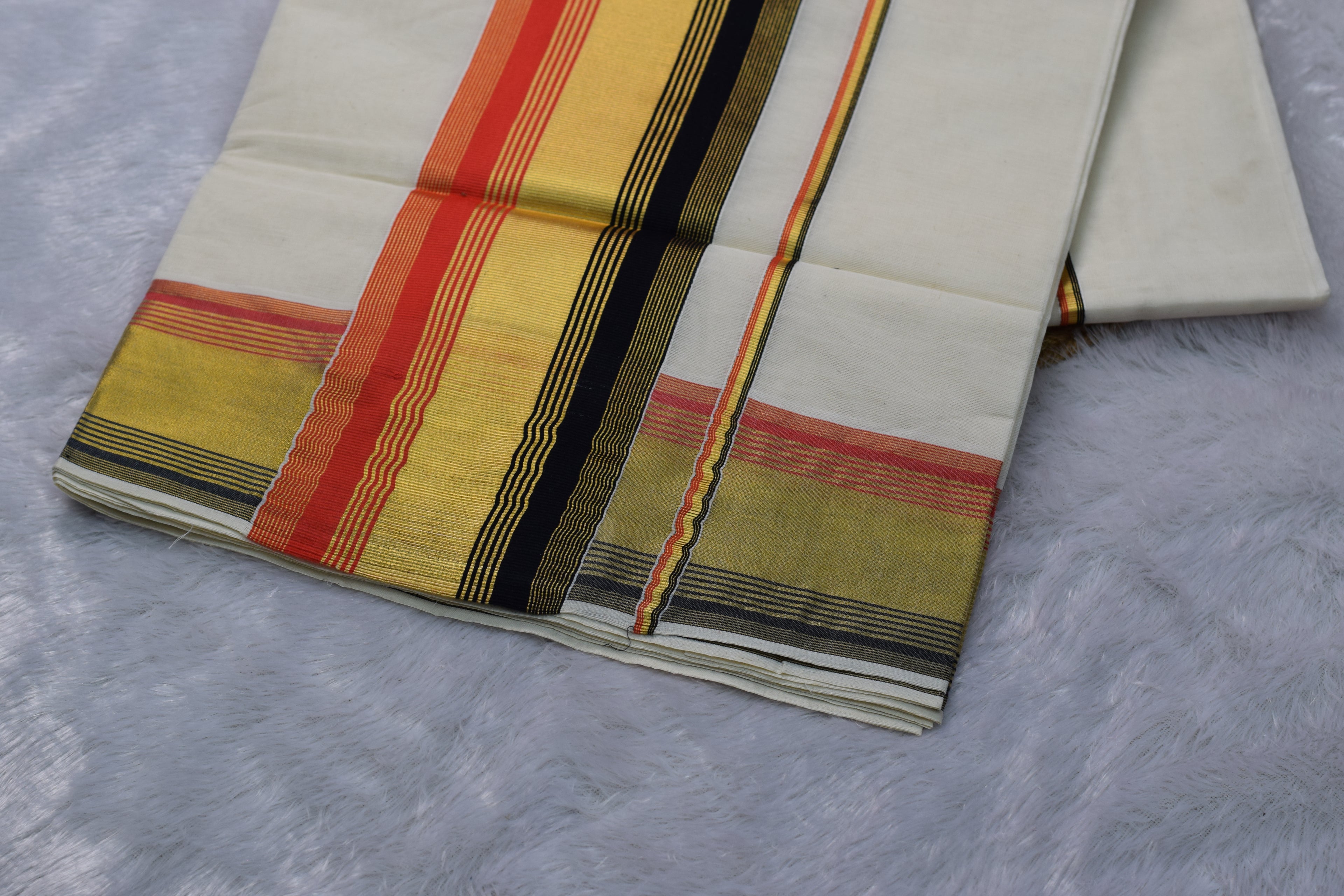 Kerala Traditional Cotton Set Saree - Off-White with Black, Gold & Red Kasavu Border - View 2 - Cotton - Nushio
