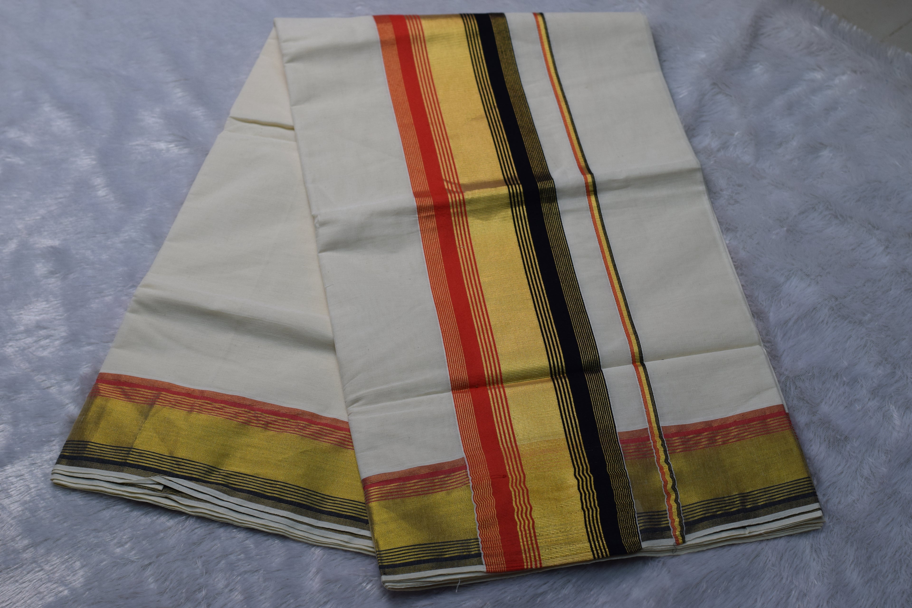 Kerala Traditional Cotton Set Saree - Off-White with Black, Gold & Red Kasavu Border - View 3 - Cotton - Nushio