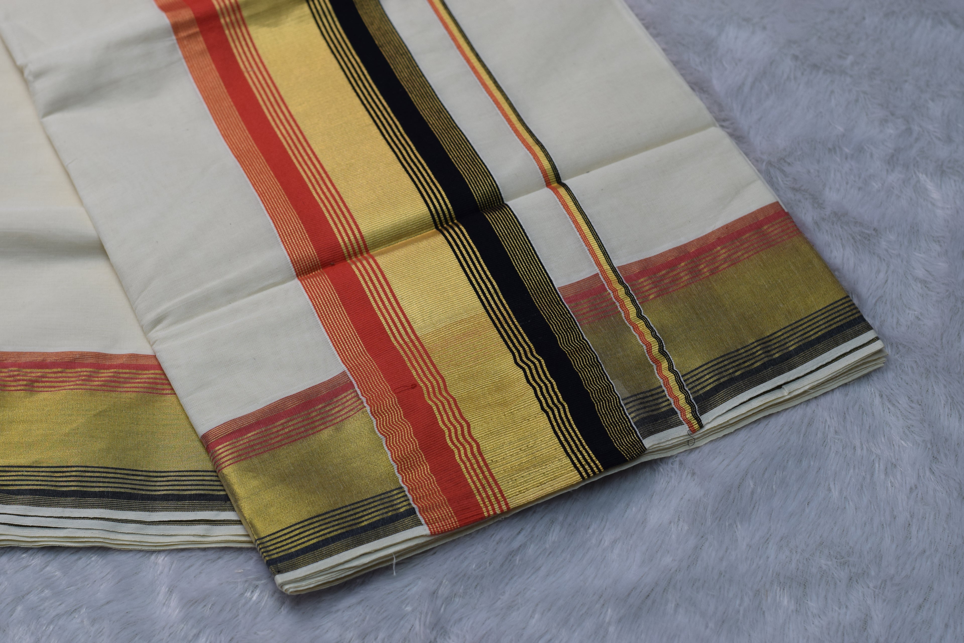 Kerala Traditional Cotton Set Saree - Off-White with Black, Gold & Red Kasavu Border