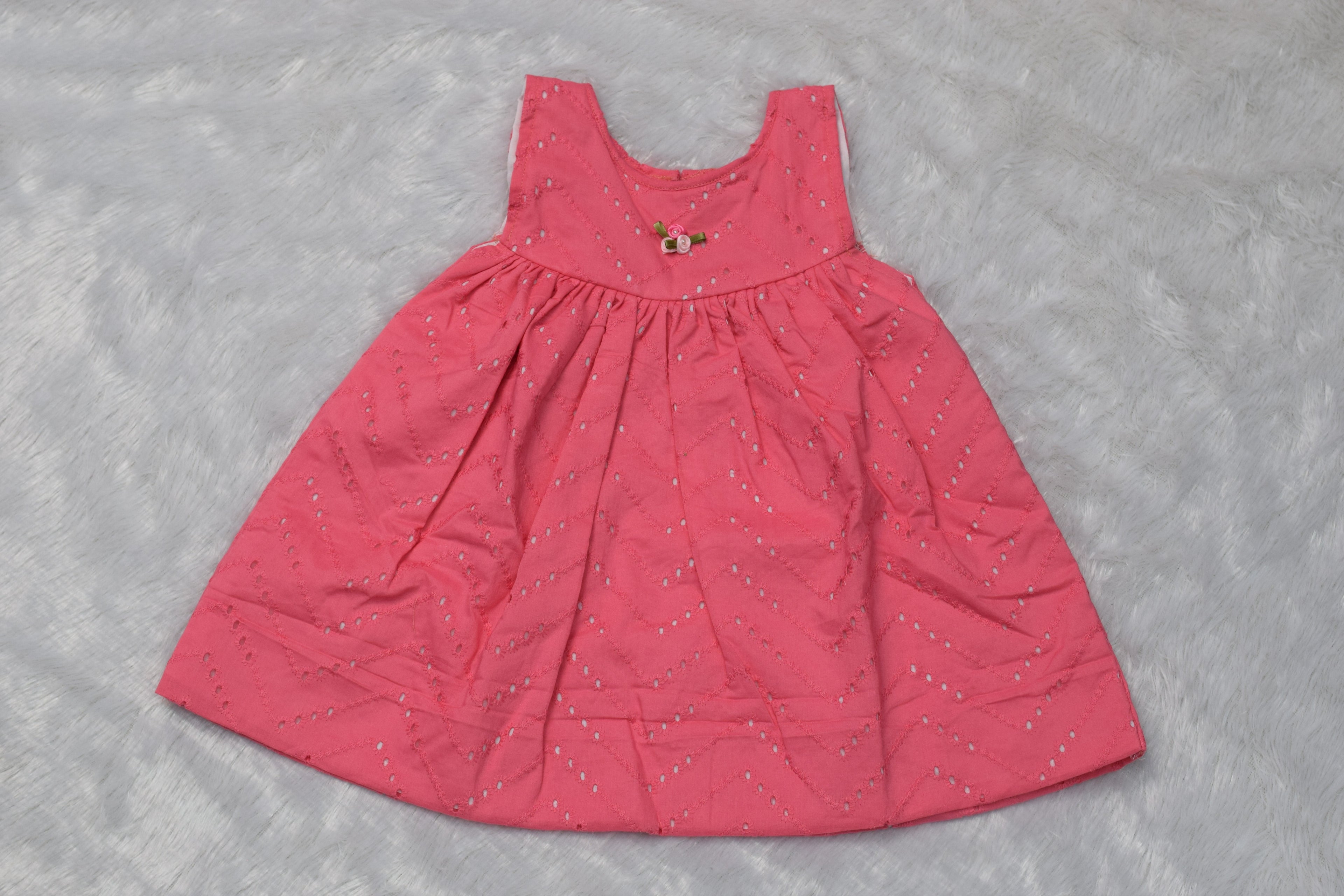 Girls Coral Pink Embroidered Cotton Frock - View 2 - Cotton Embroidered - Nushio