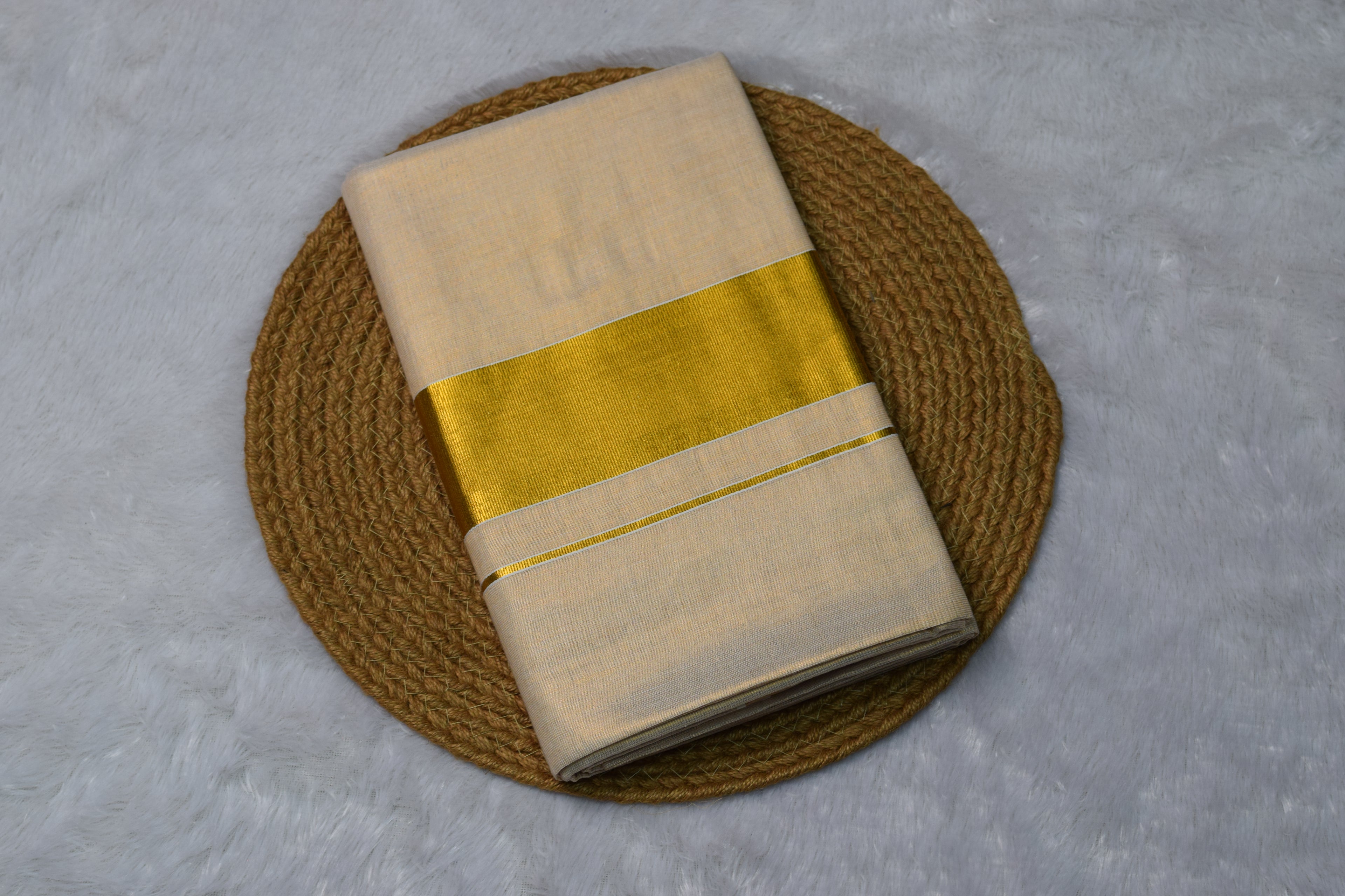 Tissue Set Saree | Off-White & Beige with Broad Golden Kasavu Border | Traditional Saree