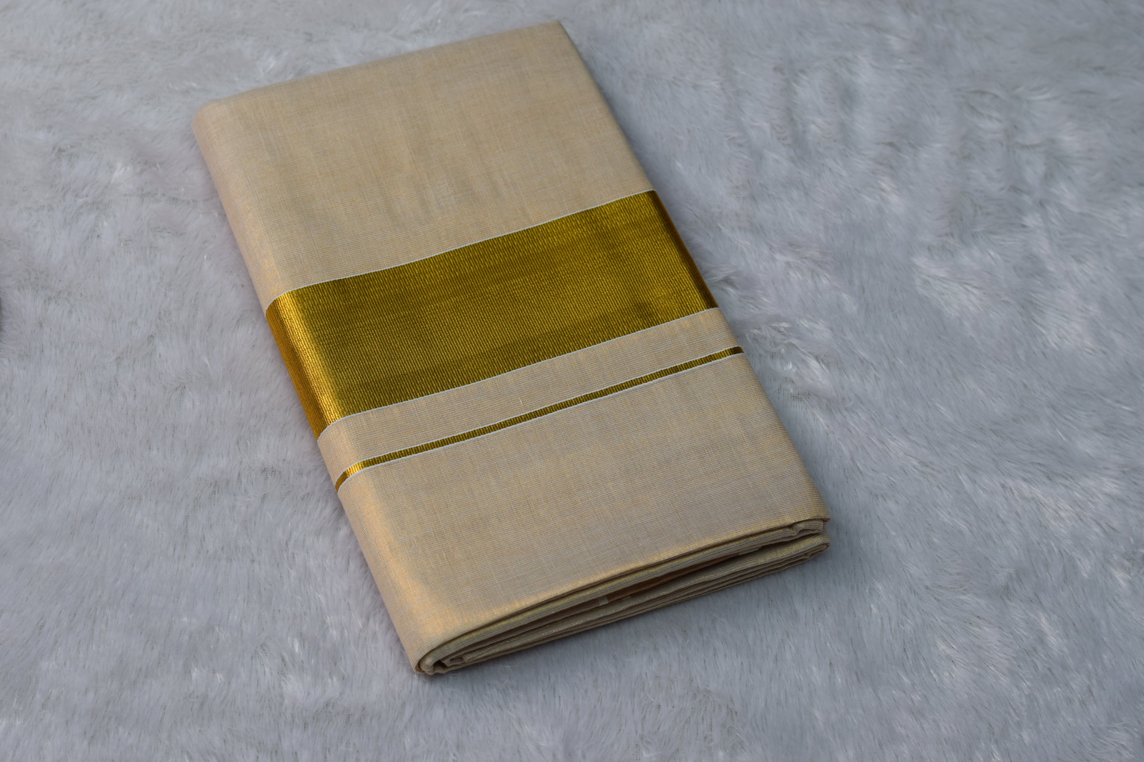 Tissue Set Saree | Off-White & Beige with Broad Golden Kasavu Border | Traditional Saree