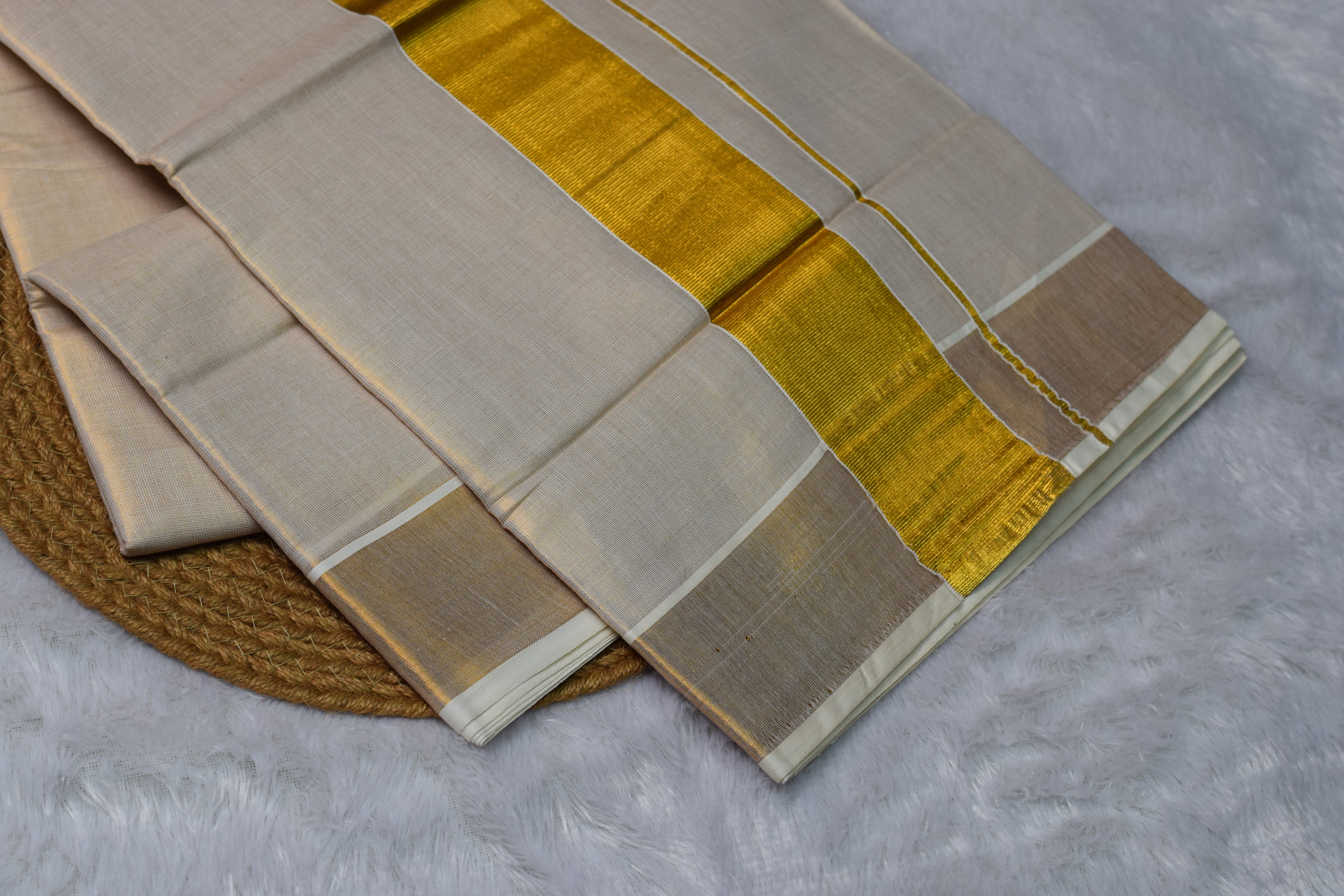 Tissue Set Saree | Off-White & Beige with Broad Golden Kasavu Border | Traditional Saree