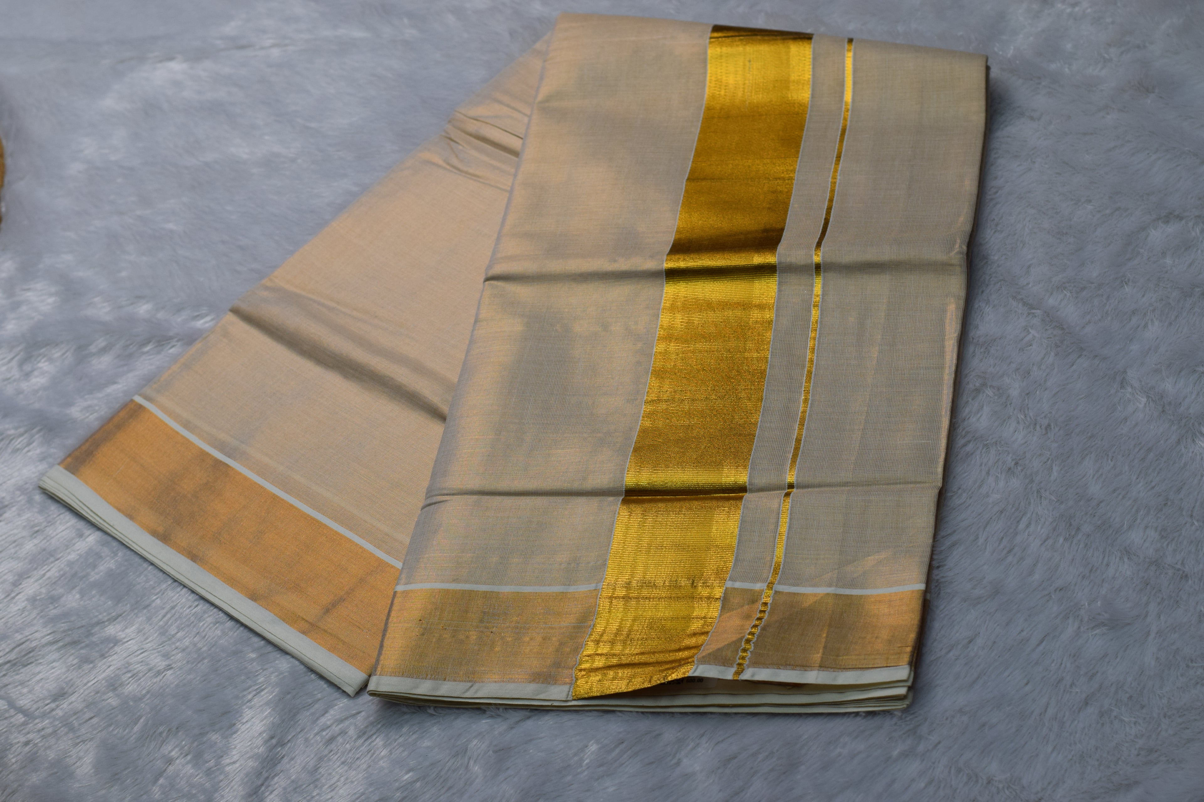 Tissue Set Saree | Off-White & Beige with Broad Golden Kasavu Border | Traditional Saree