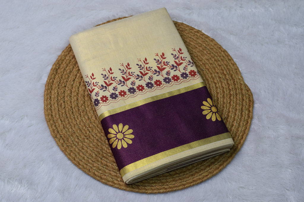 Cream & Purple Kerala Set Saree with Floral Block Print Border - Main Product Image - Floral - Nushio