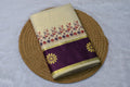 Cream & Purple Kerala Set Saree with Floral Block Print Border - Main Product Image - Floral - Nushio