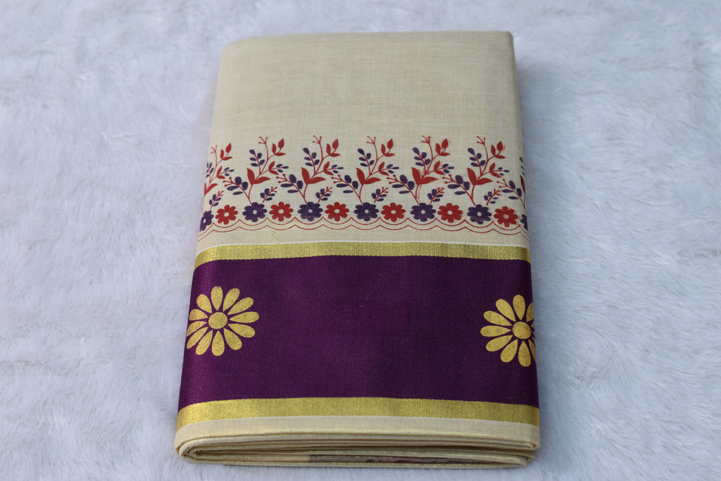 Cream & Purple Kerala Set Saree with Floral Block Print Border - View 2 - Floral - Nushio