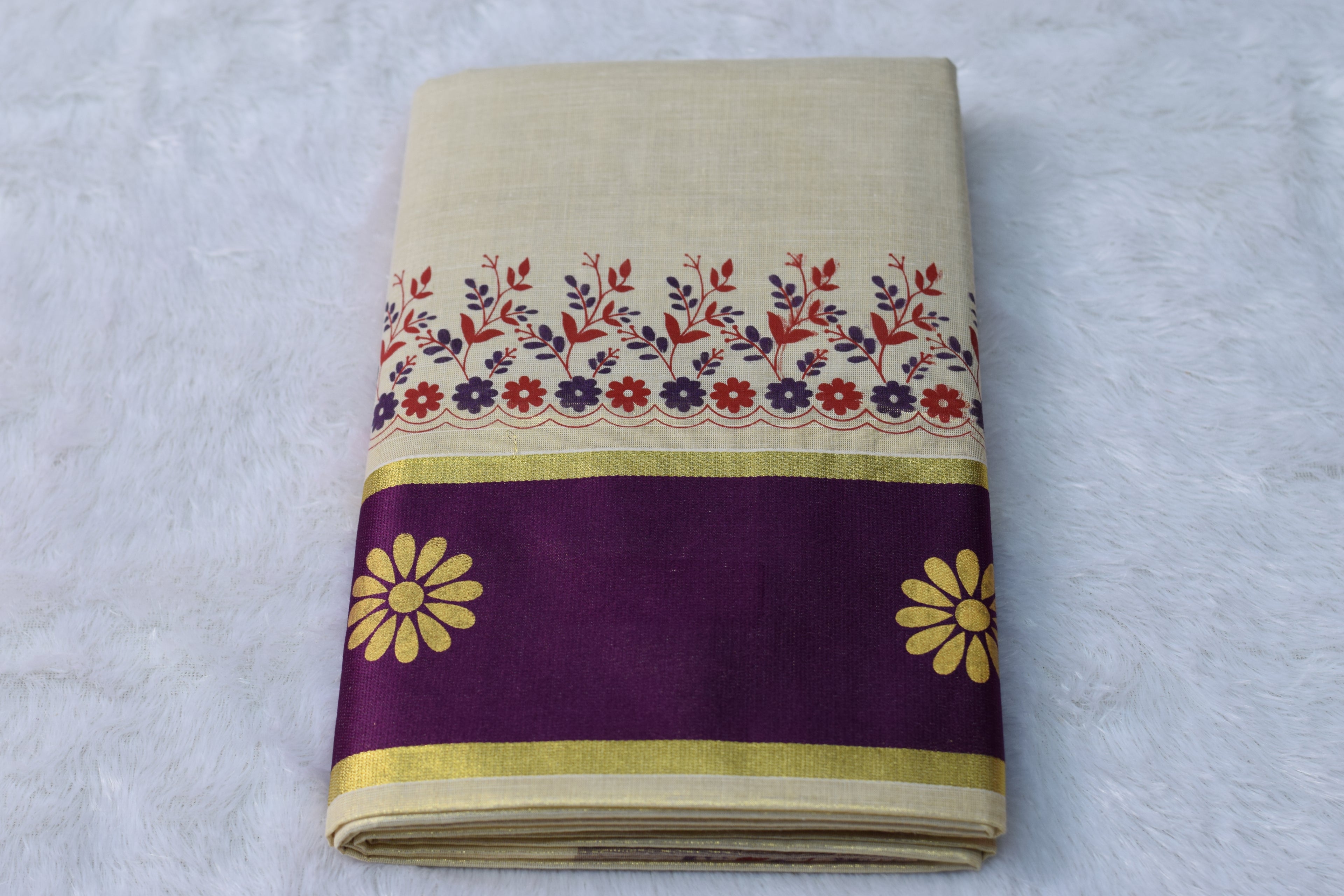Cream & Purple Kerala Set Saree with Floral Block Print Border - View 2 - Floral - Nushio
