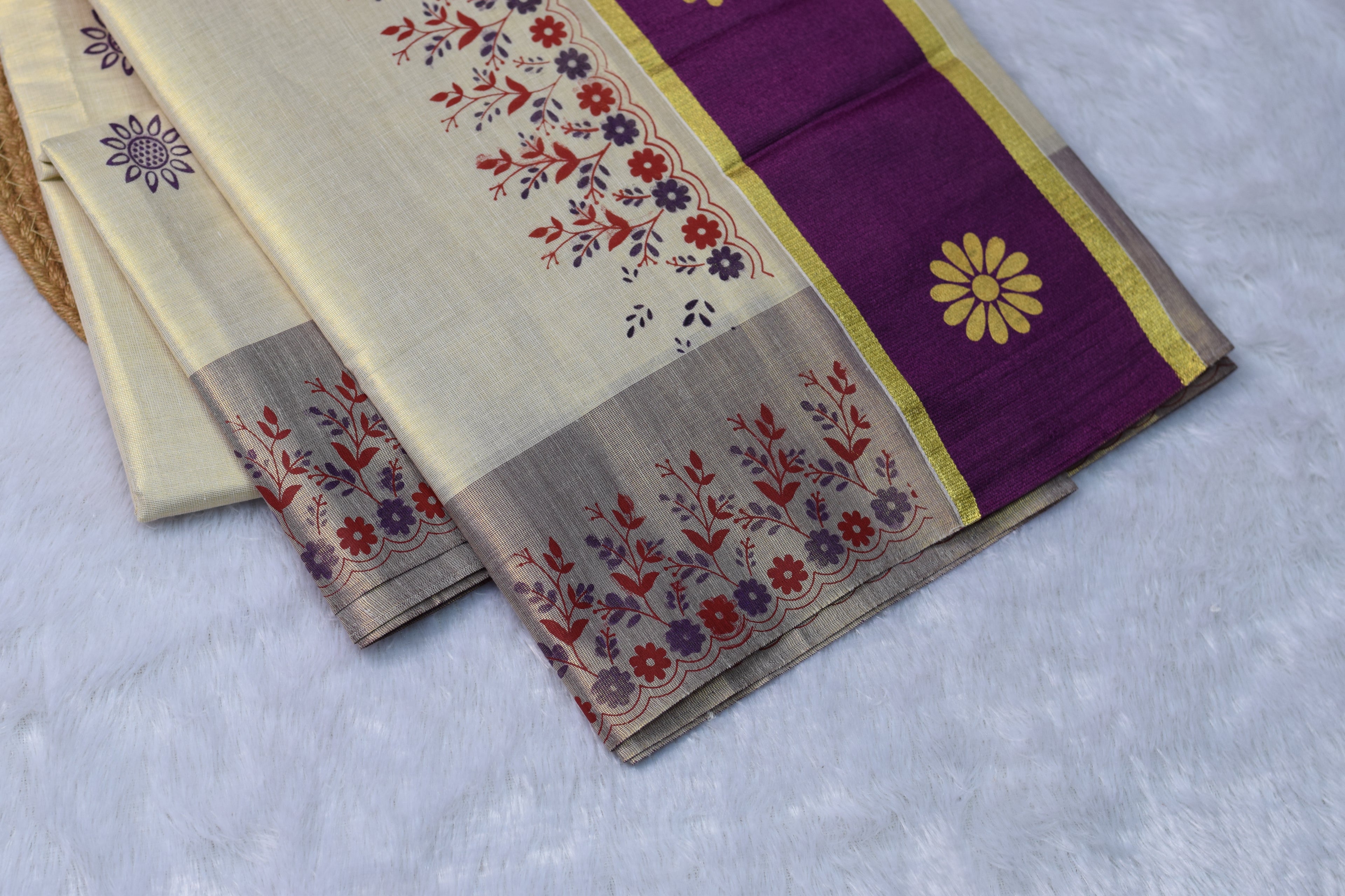 Cream & Purple Kerala Set Saree with Floral Block Print Border - View 3 - Floral - Nushio