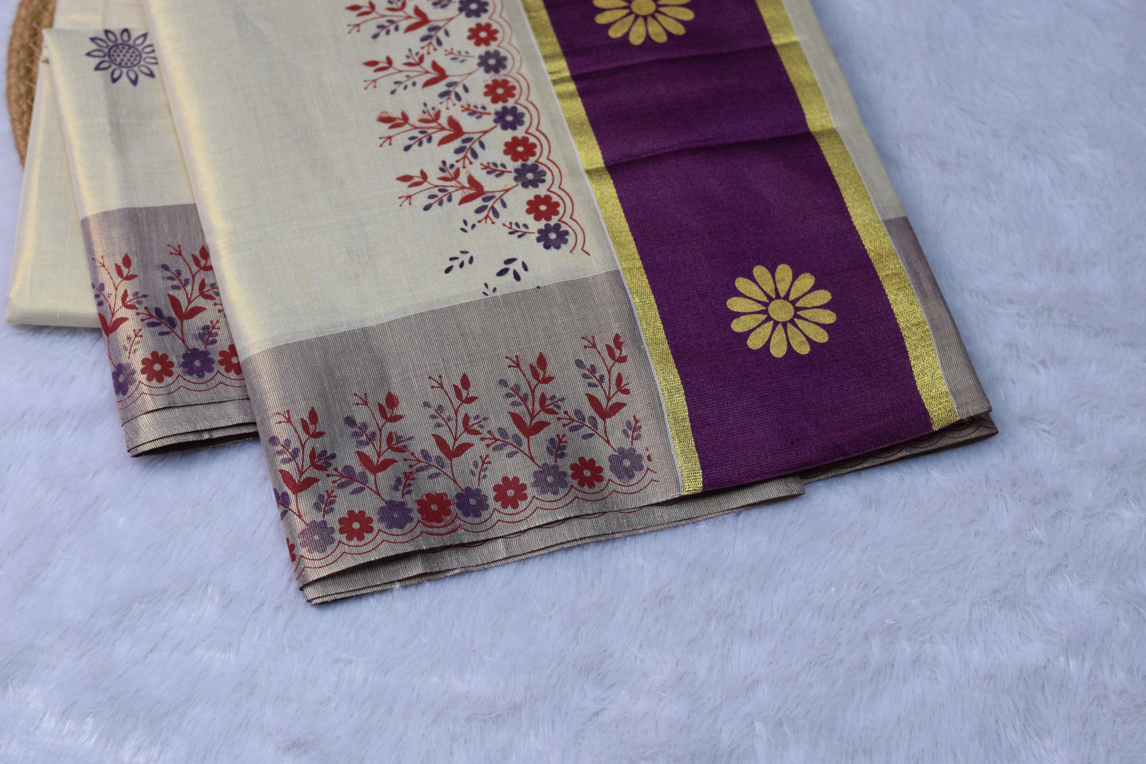Cream & Purple Kerala Set Saree with Floral Block Print Border | Nushio
