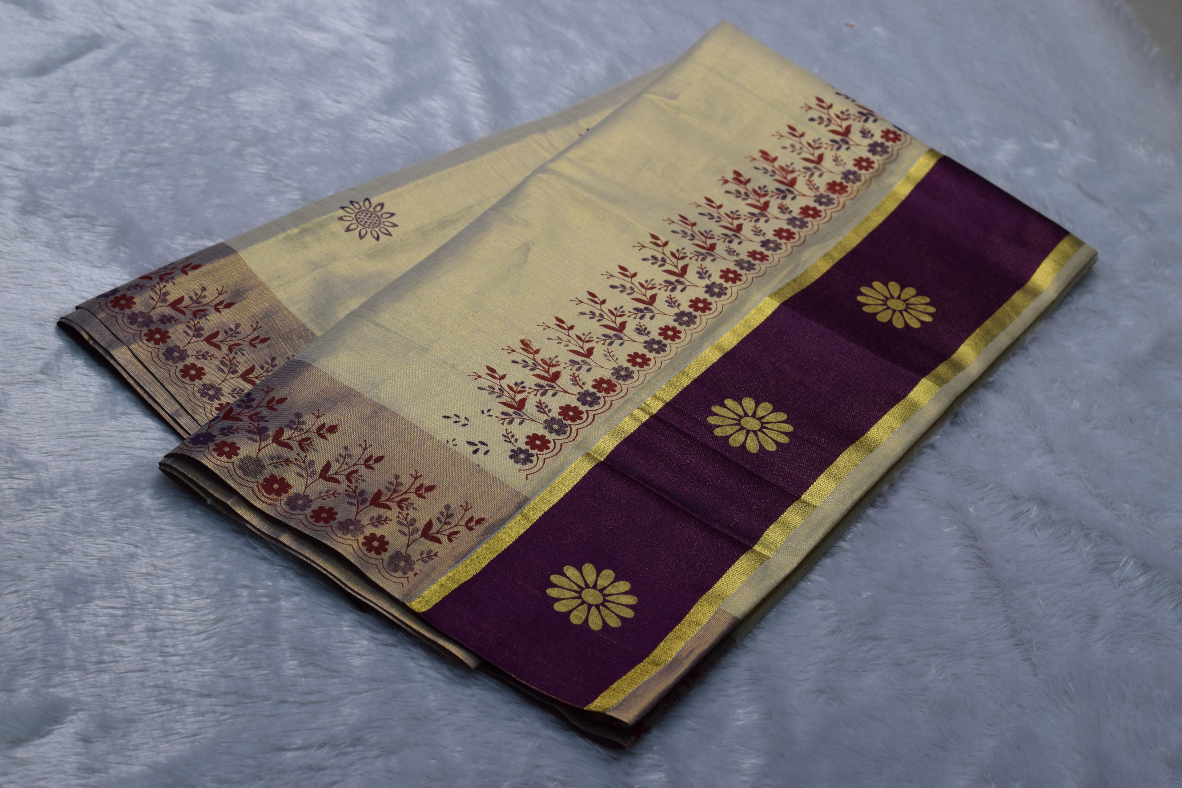 Cream & Purple Kerala Set Saree with Floral Block Print Border | Nushio
