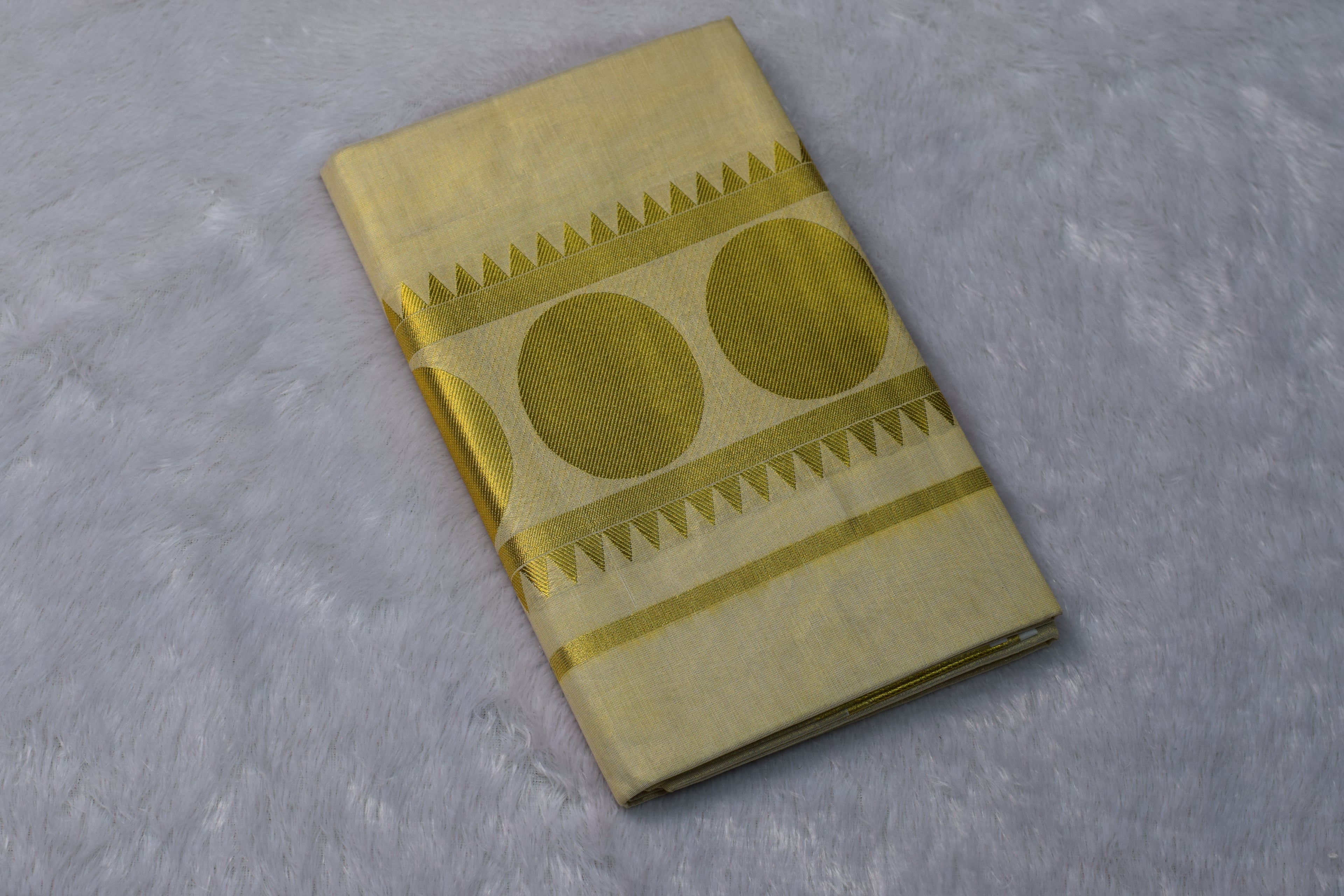 Cream Kerala Tissue Saree with Olive Gold Circle Zari Border - Main Product Image - Nushio