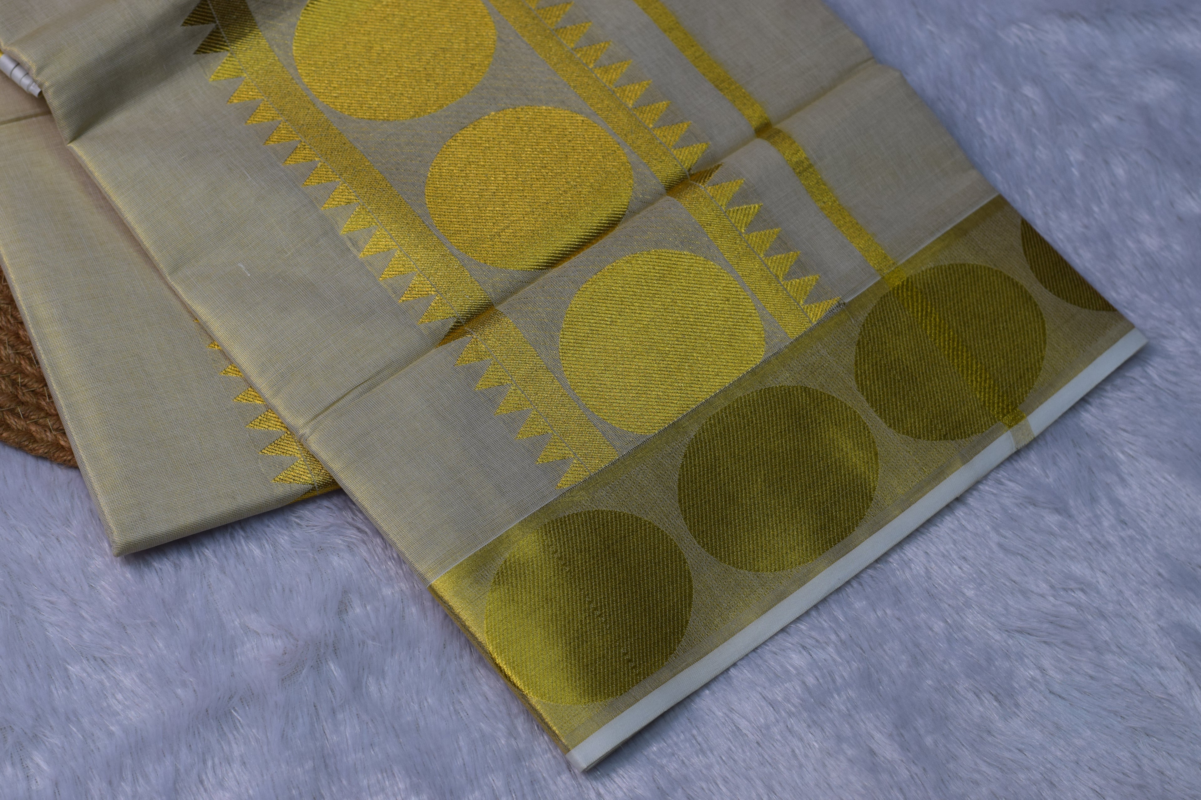 Cream Kerala Tissue Saree with Olive Gold Circle Zari Border | Nushio