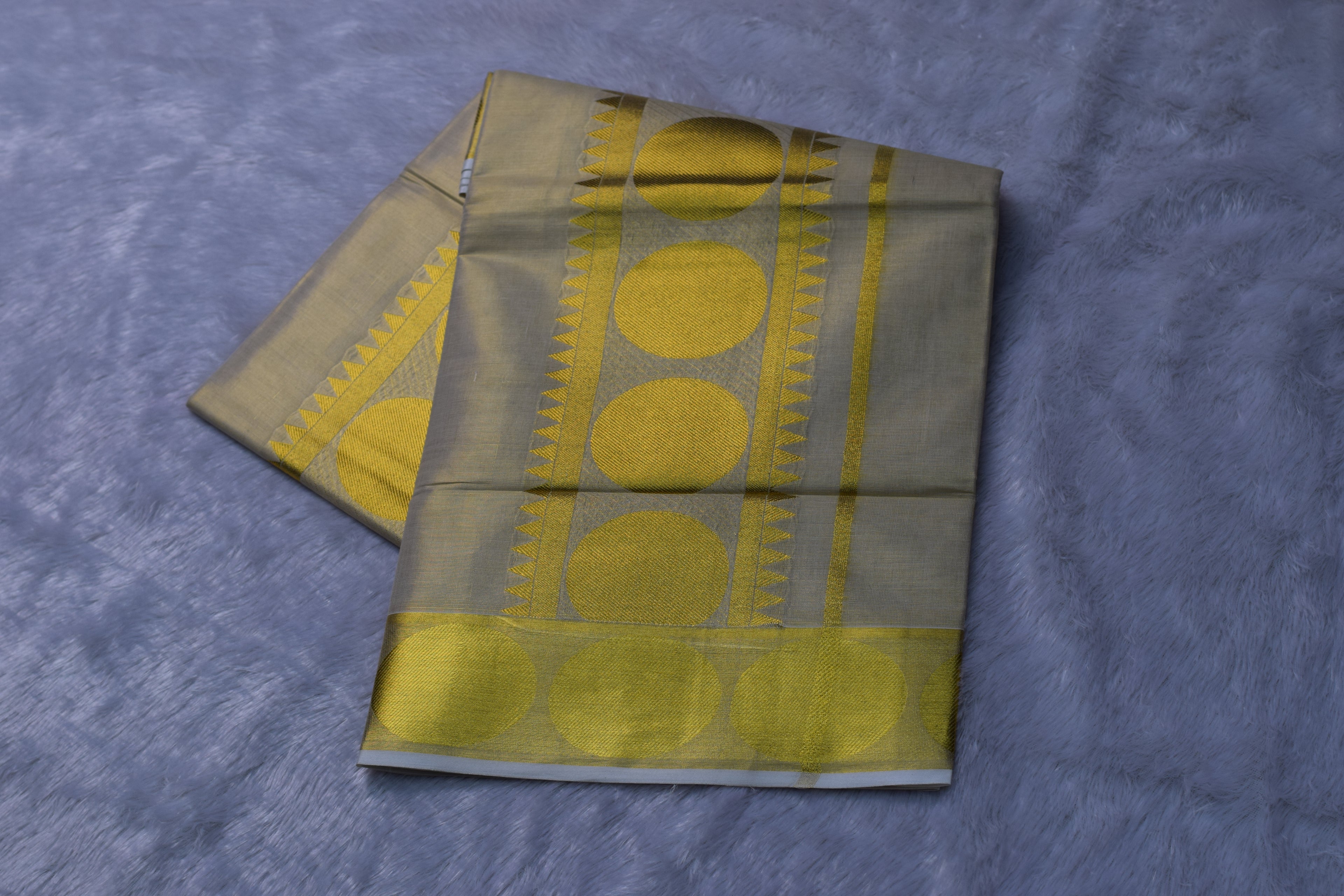 Cream Kerala Tissue Saree with Olive Gold Circle Zari Border | Nushio