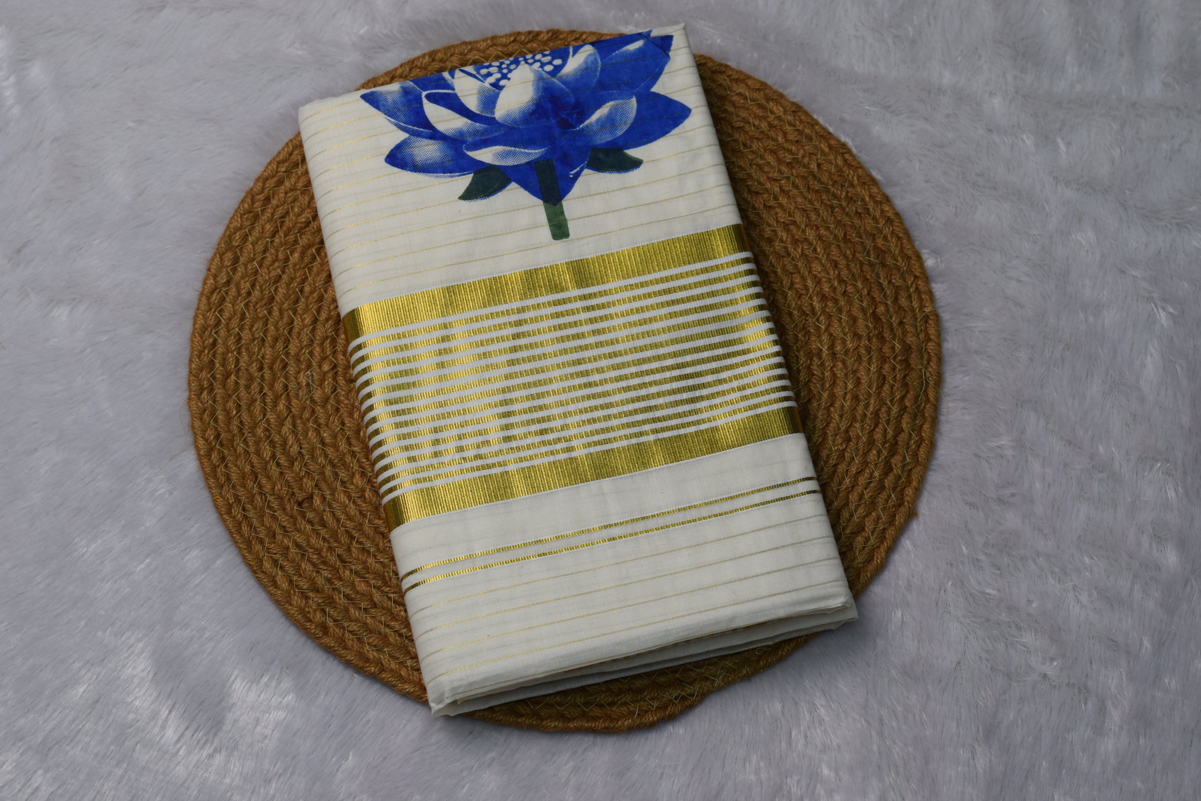 Kerala Kasavu Set Saree with Blue Floral Print & Golden Border - Main Product Image - Floral - Nushio