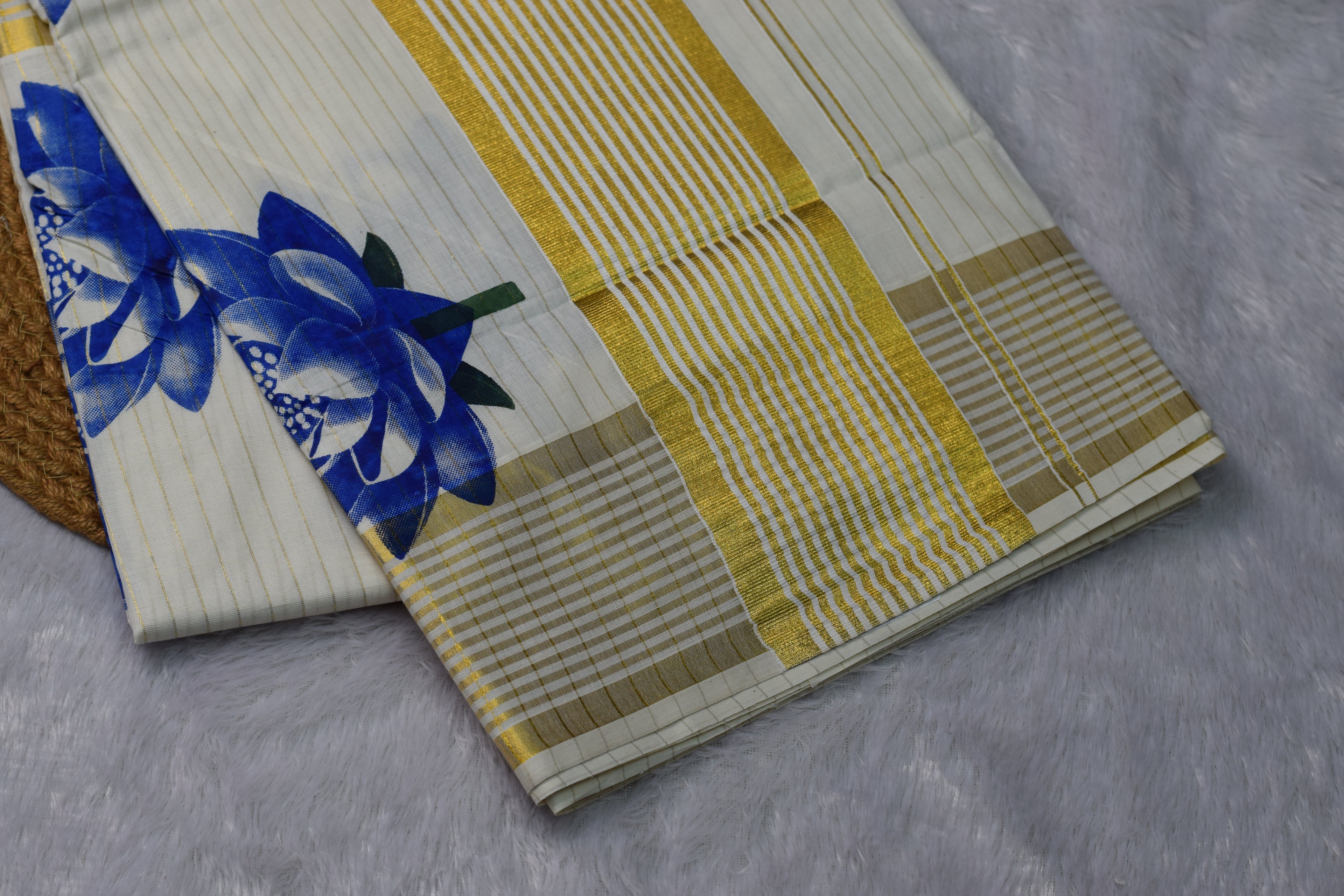 Kerala Kasavu Set Saree with Blue Floral Print & Golden Border - View 2 - Floral - Nushio