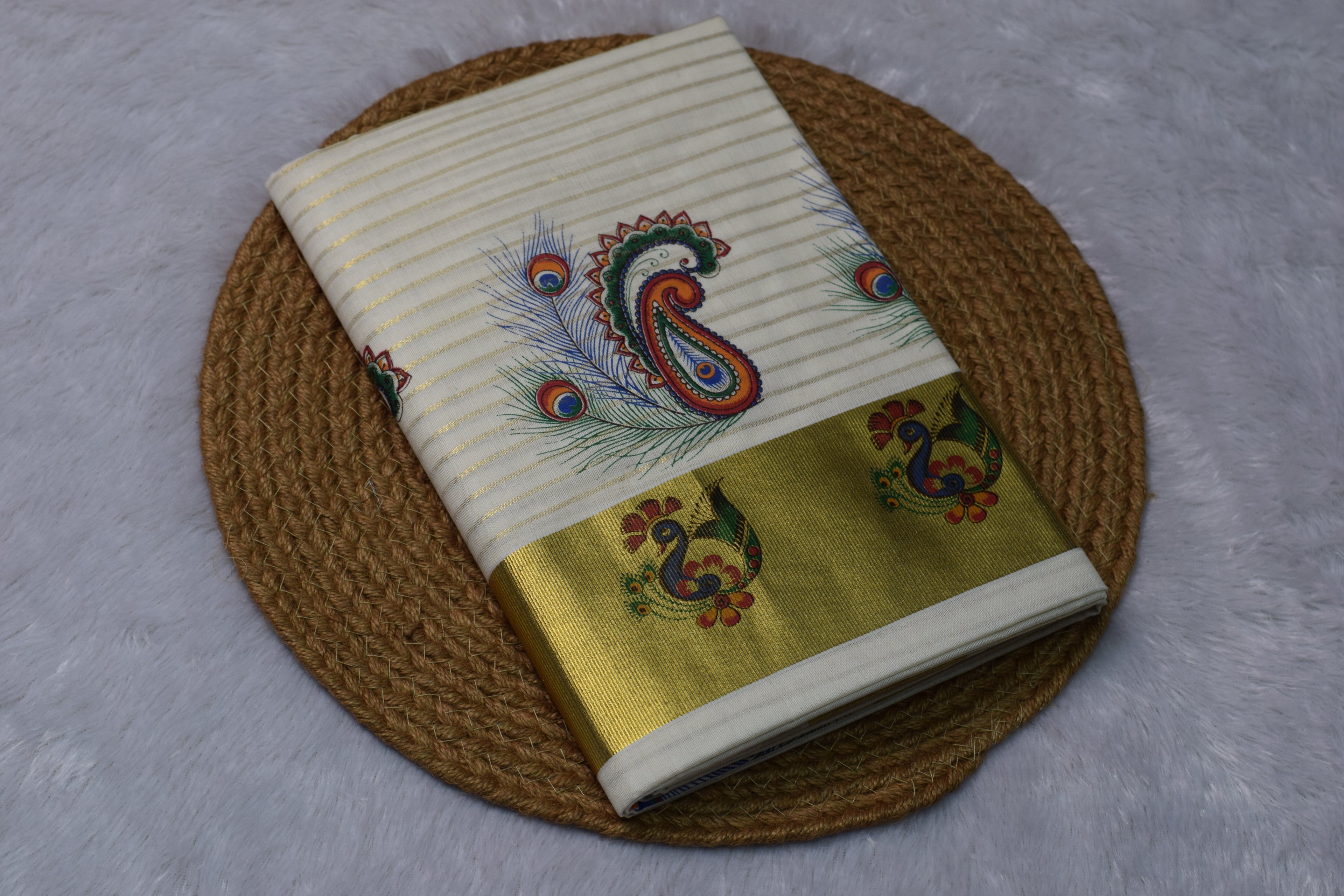 Kerala Kasavu Set Saree with Peacock & Paisley Design - Main Product Image - Nushio