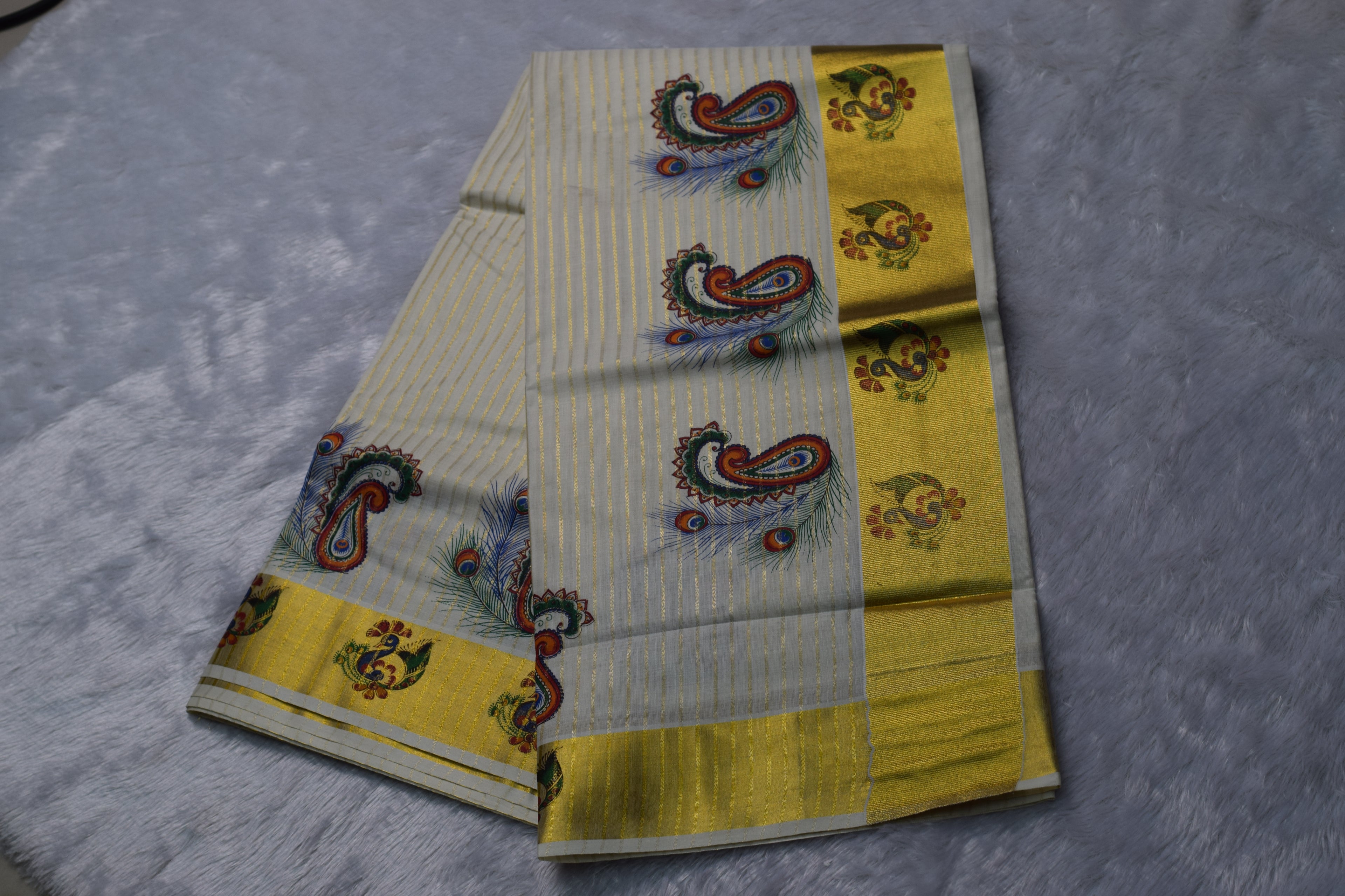 Kerala Kasavu Set Saree with Peacock & Paisley Design