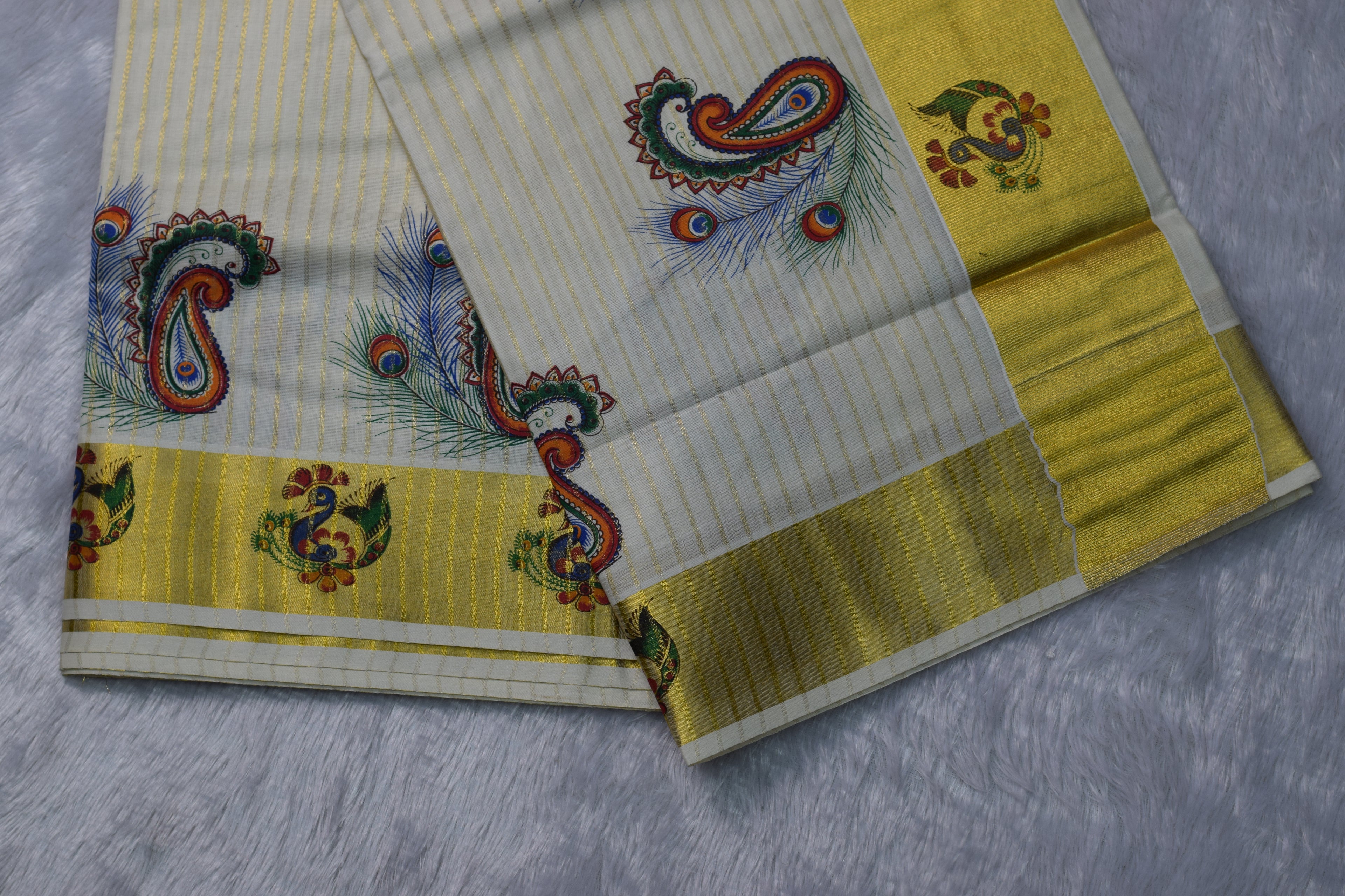 Kerala Kasavu Set Saree with Peacock & Paisley Design