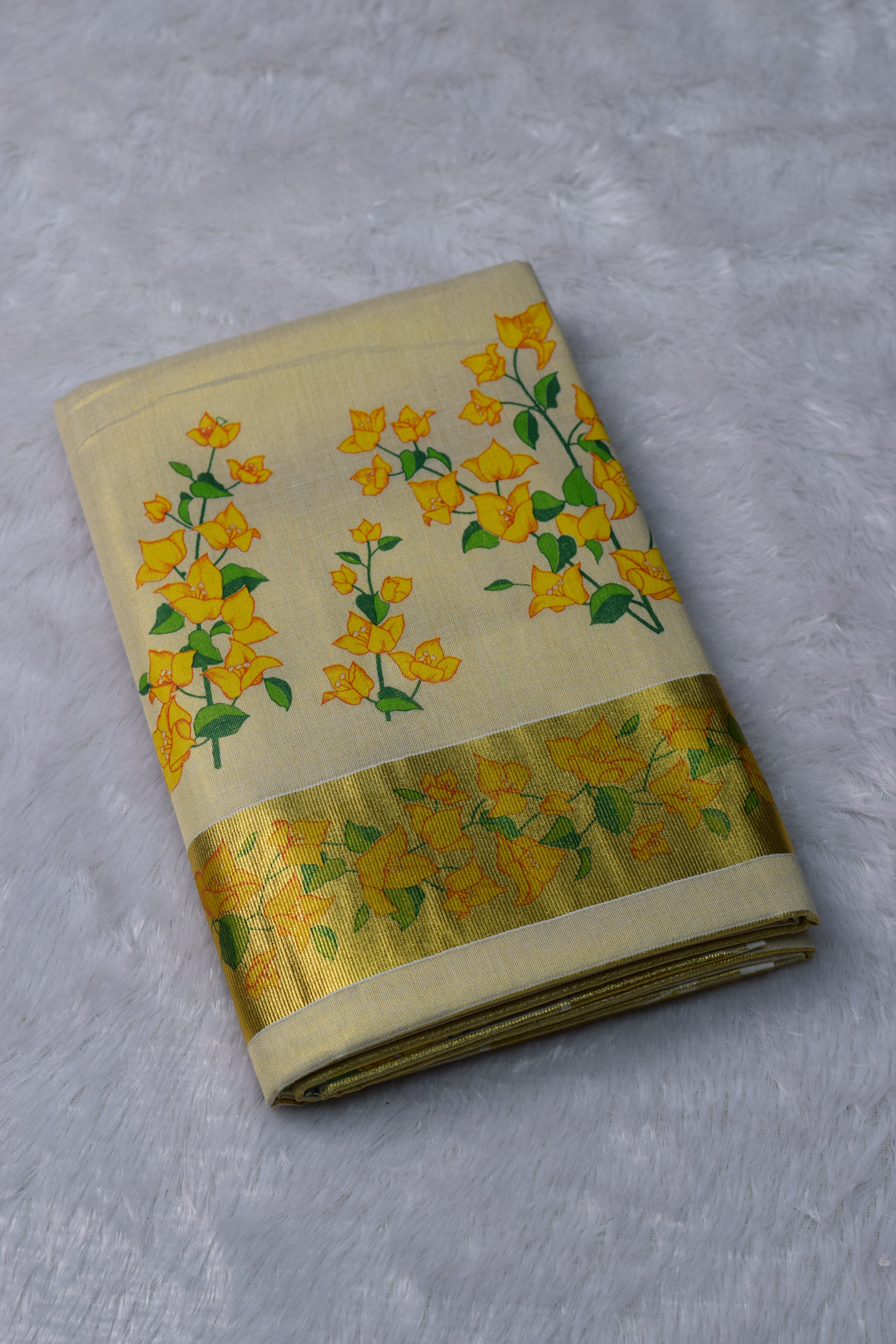 Cream Kasavu Set Saree with Yellow Floral Print & Golden Zari Border | Nushio