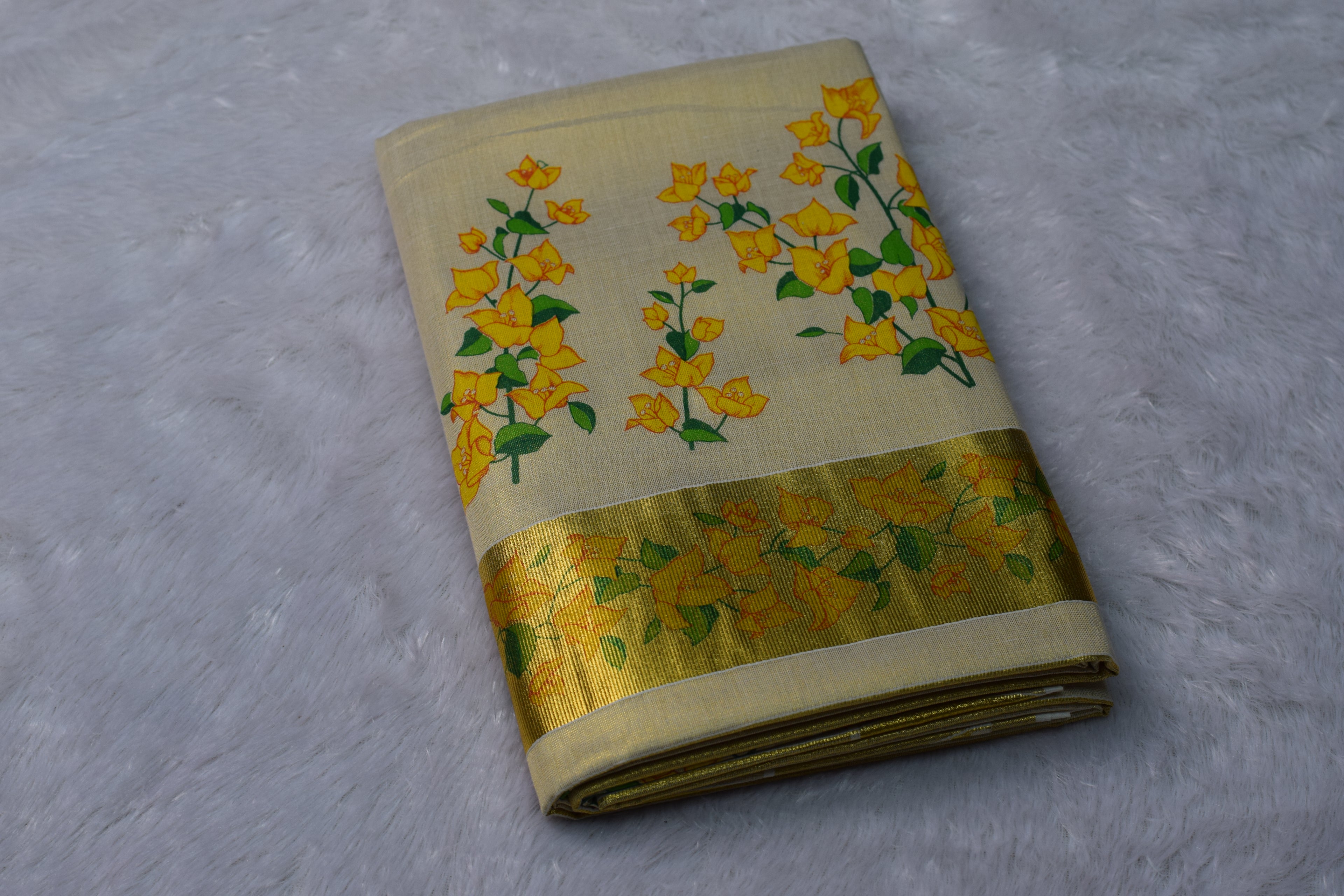 Cream Kasavu Set Saree with Yellow Floral Print & Golden Zari Border | Nushio