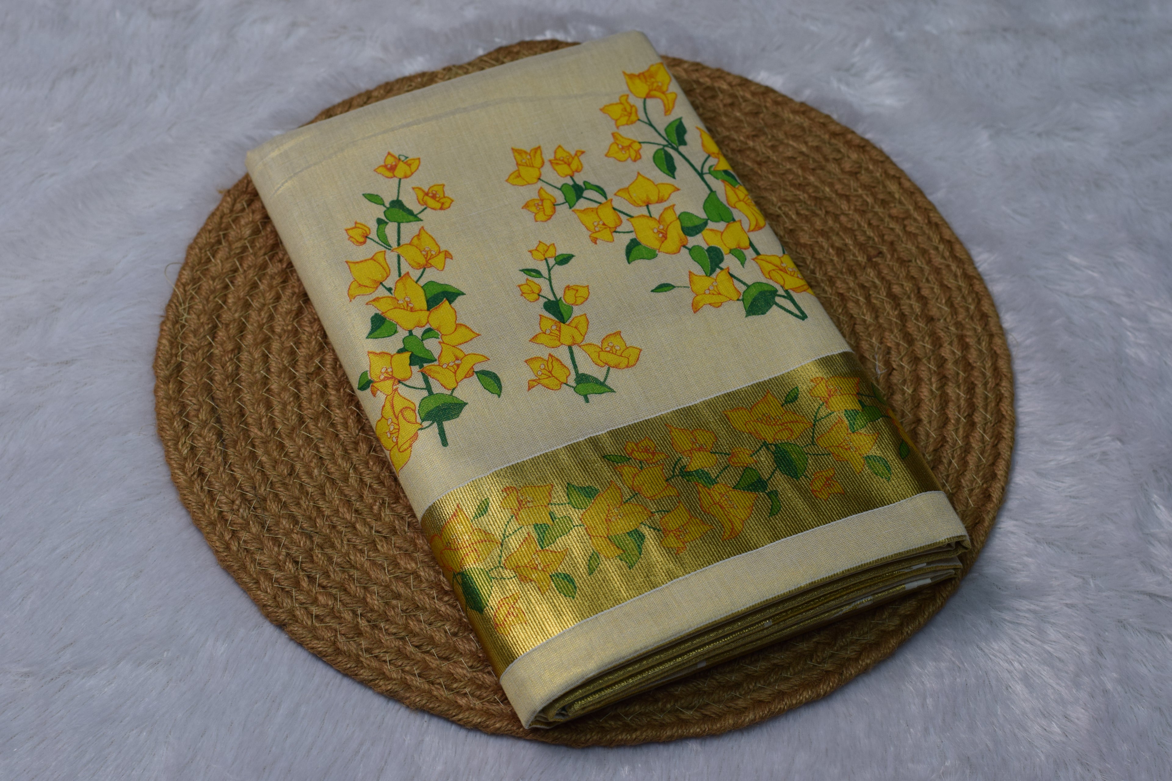 Cream Kasavu Set Saree with Yellow Floral Print & Golden Zari Border - Main Product Image - Floral - Nushio