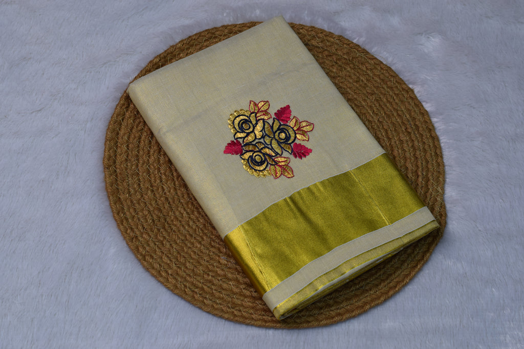 Off-White Kerala Kasavu Saree Set with Floral Embroidery & Golden Border - Main Product Image - Floral - Nushio