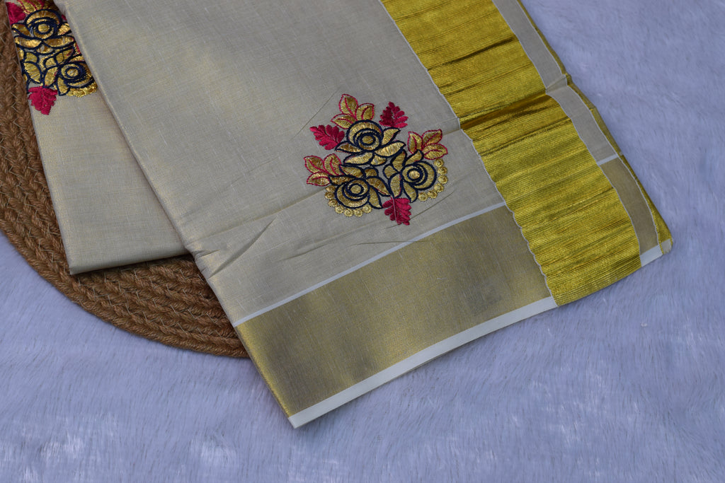 Off-White Kerala Kasavu Saree Set with Floral Embroidery & Golden Border