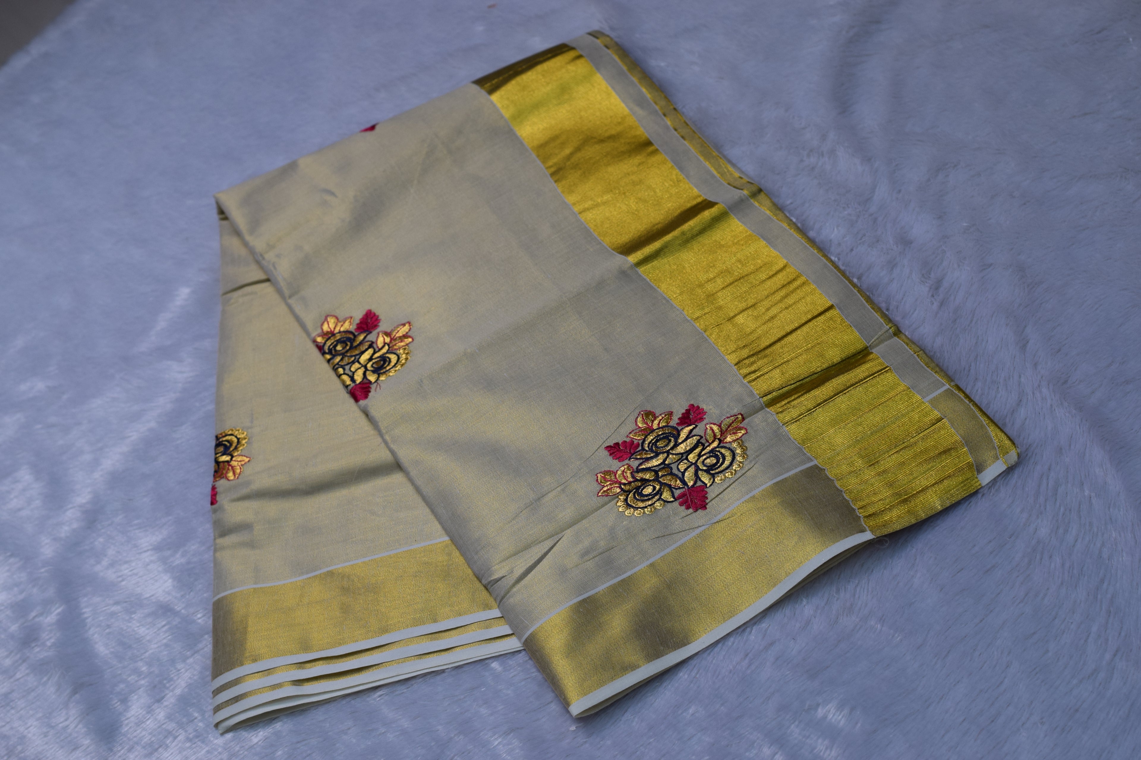 Off-White Kerala Kasavu Saree Set with Floral Embroidery & Golden Border