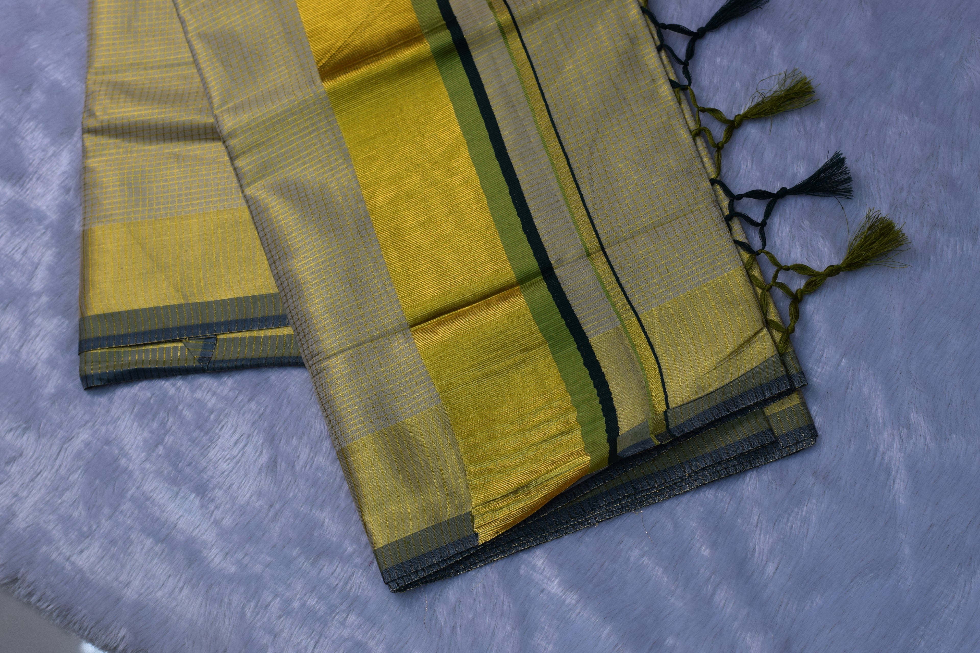 Cream & Gold Kasavu Saree with Green Border & Tassels | Nushio