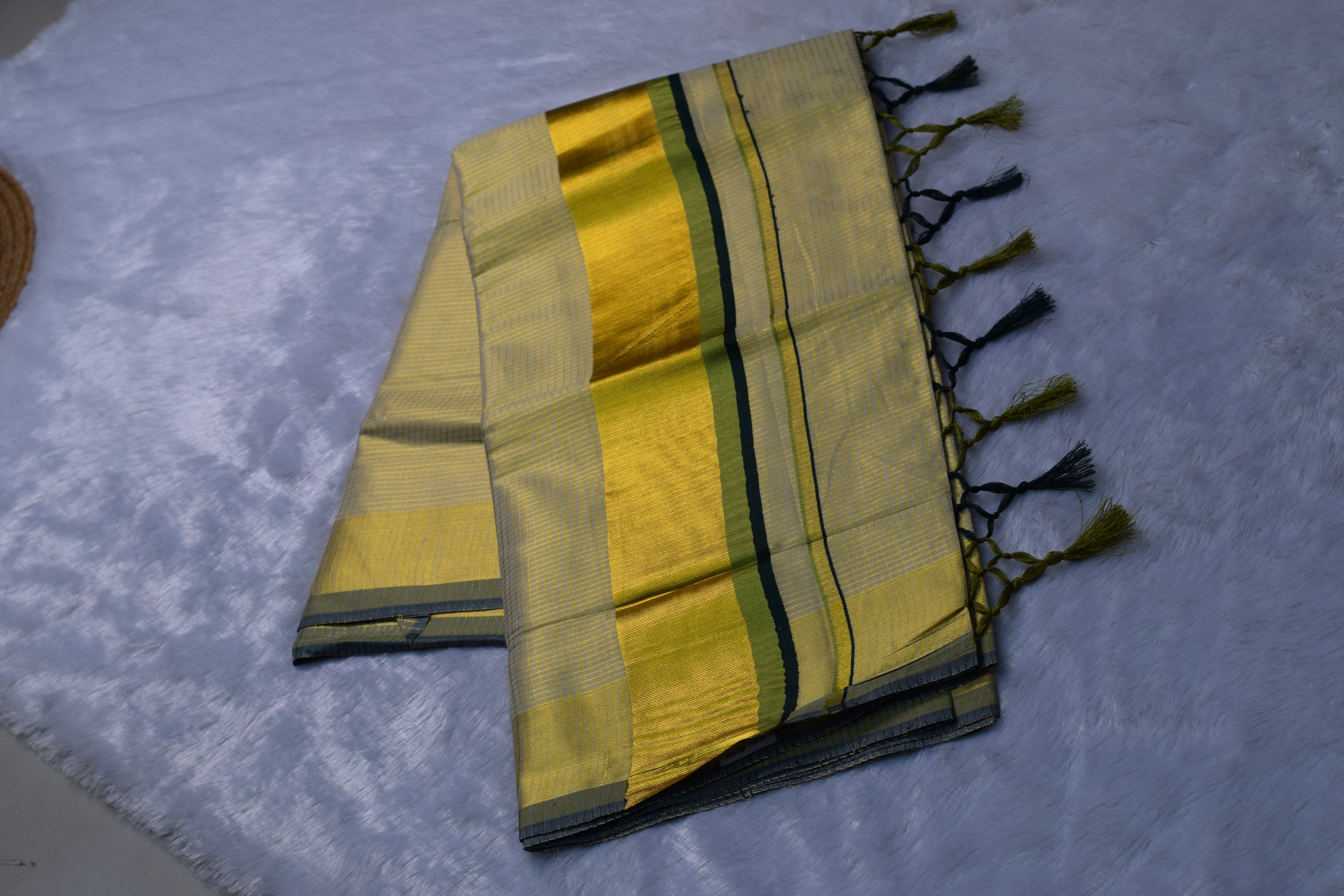 Cream & Gold Kasavu Saree Set with Green Border and Tassels - View 2 - Nushio